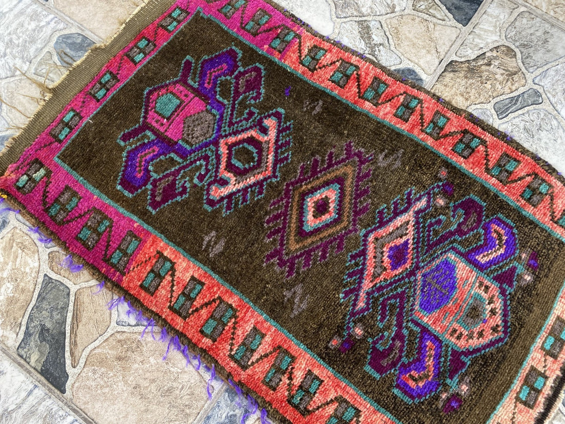 Turkish Vintage Small Rug Tribal Handmade Anatolian Kurdish Maroon 1970s 1.8x2.7