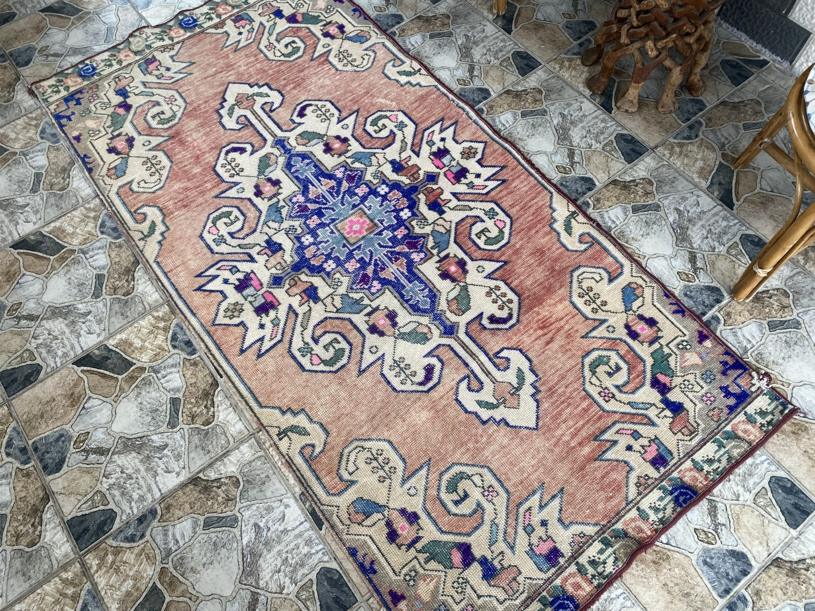 3x7 ft Vintage Turkish Area Rug Red Blue Oriental Anatolian Medallion Floral Rug