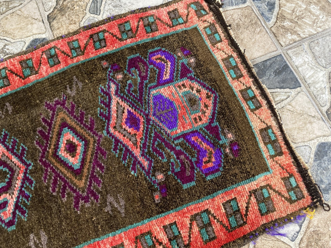 Turkish Vintage Small Rug Tribal Handmade Anatolian Kurdish Maroon 1970s 1.8x2.7
