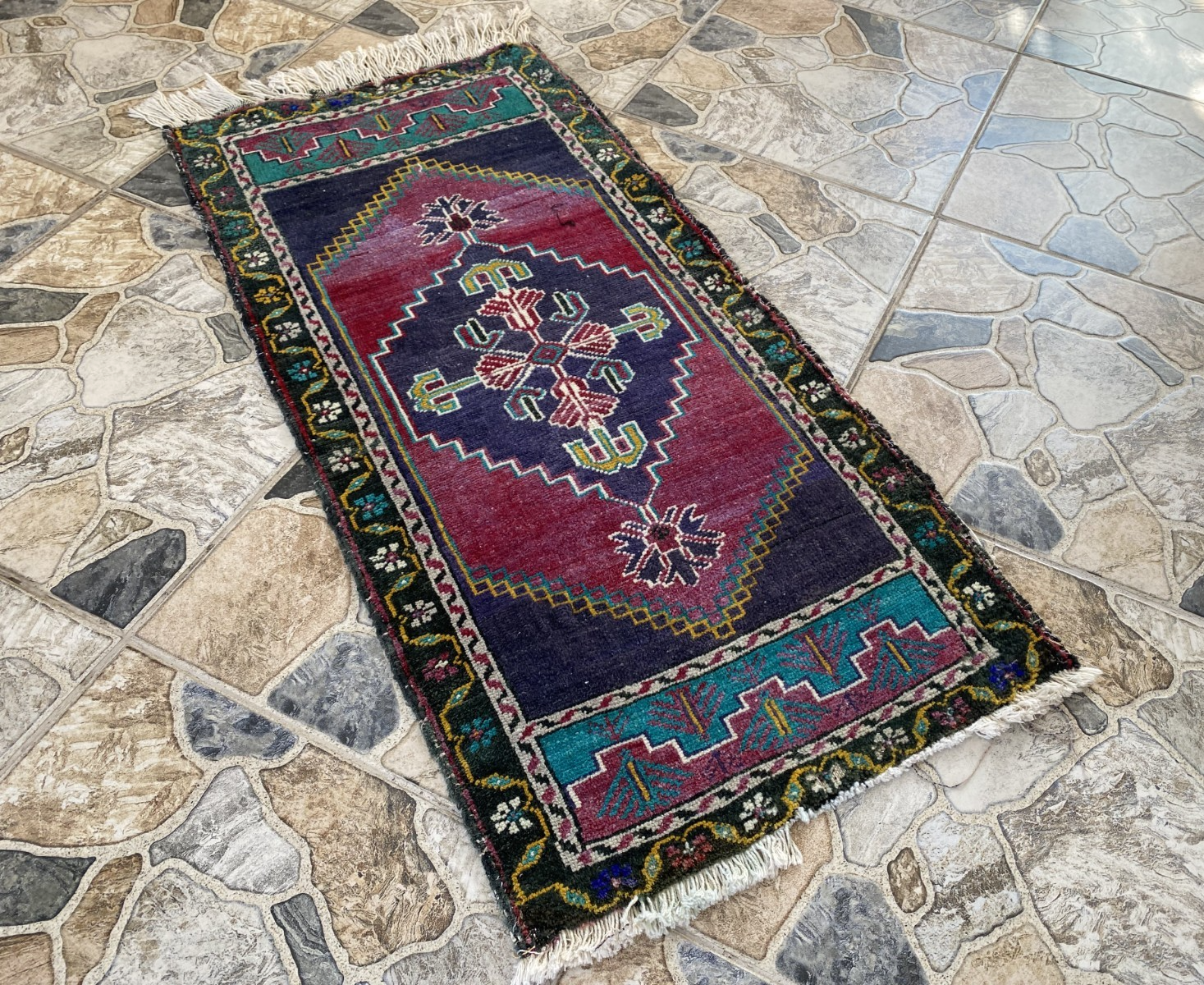 Vintage Turkish Rug 1.8x3.6 Hand Knotted Wool Anatolian Geometric Small Carpet