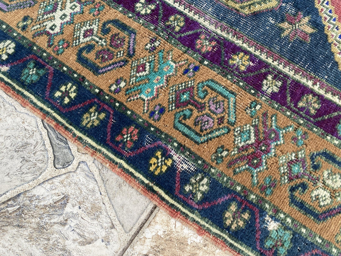 4x7 ft Vintage Turkish Rug, Geometric Pattern, Red Blue Oriental Tribal Area Rug