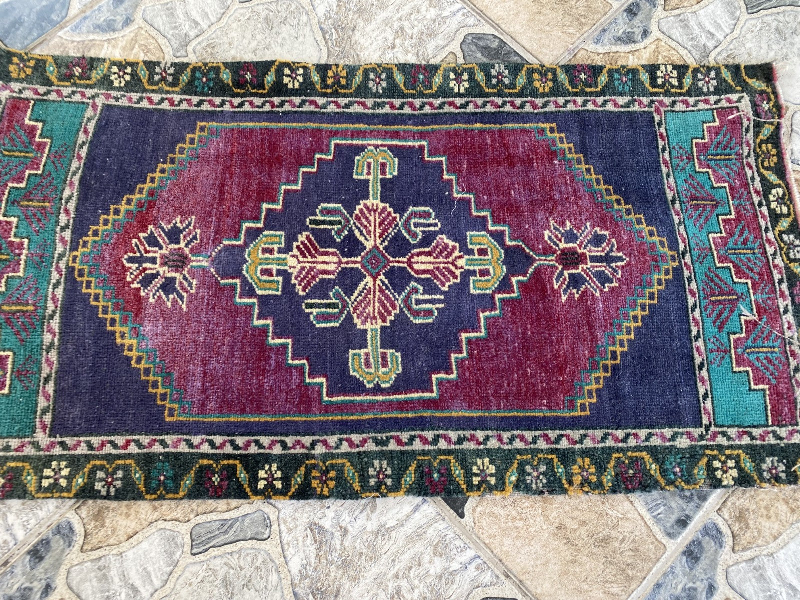 Vintage Turkish Rug 1.6x3.1 Hand Knotted Anatolian Geometric Wool Small Carpet