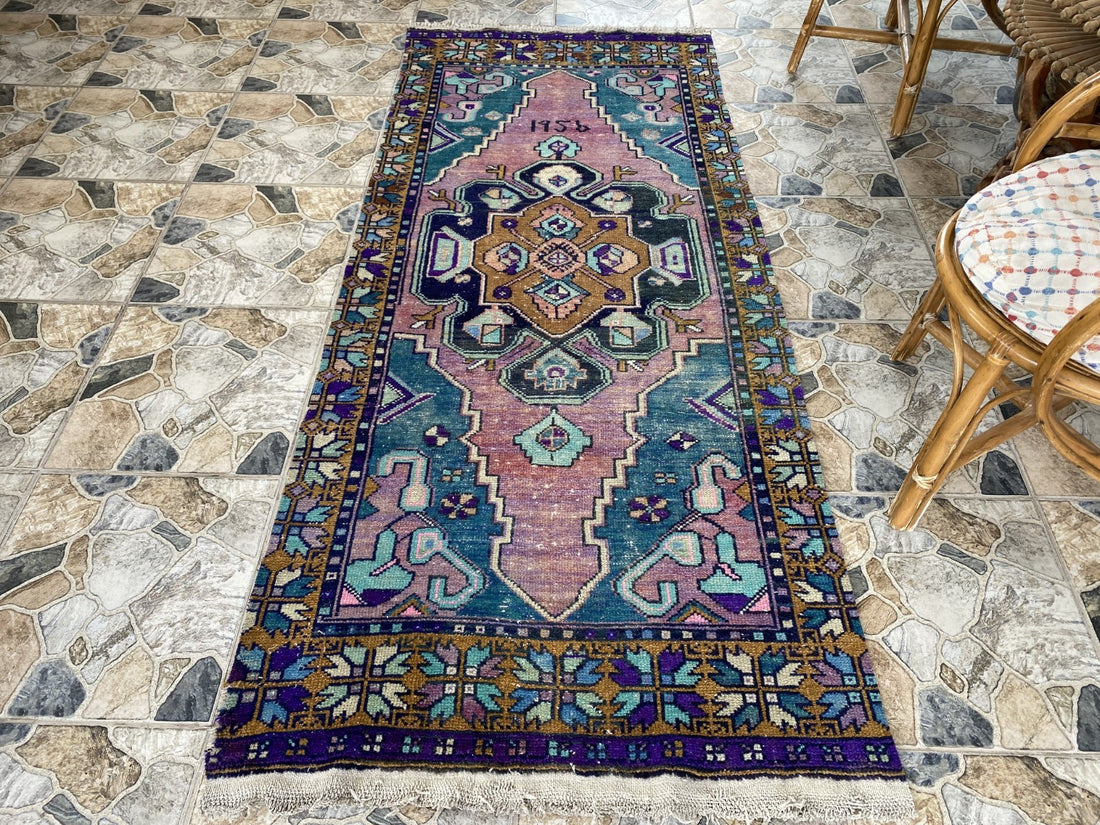 1950s Geometric Turkish Vintage Area, Tribal Handmade Anatolian Rug 3.3x7.5 ft