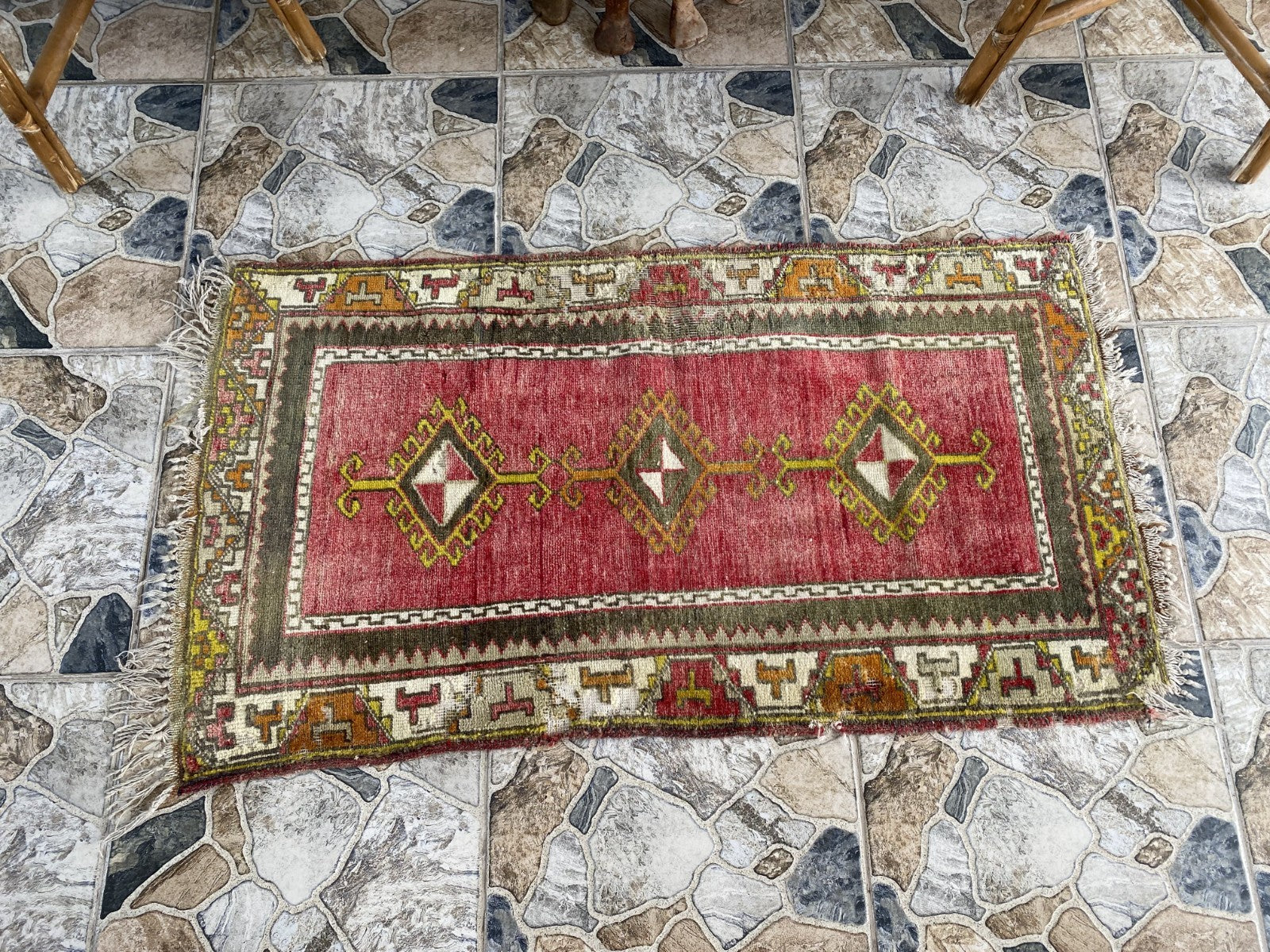 Vintage Anatolian Rug Hand-Knotted Wool Small Farmhouse Tribal Medallion 2x4 ft