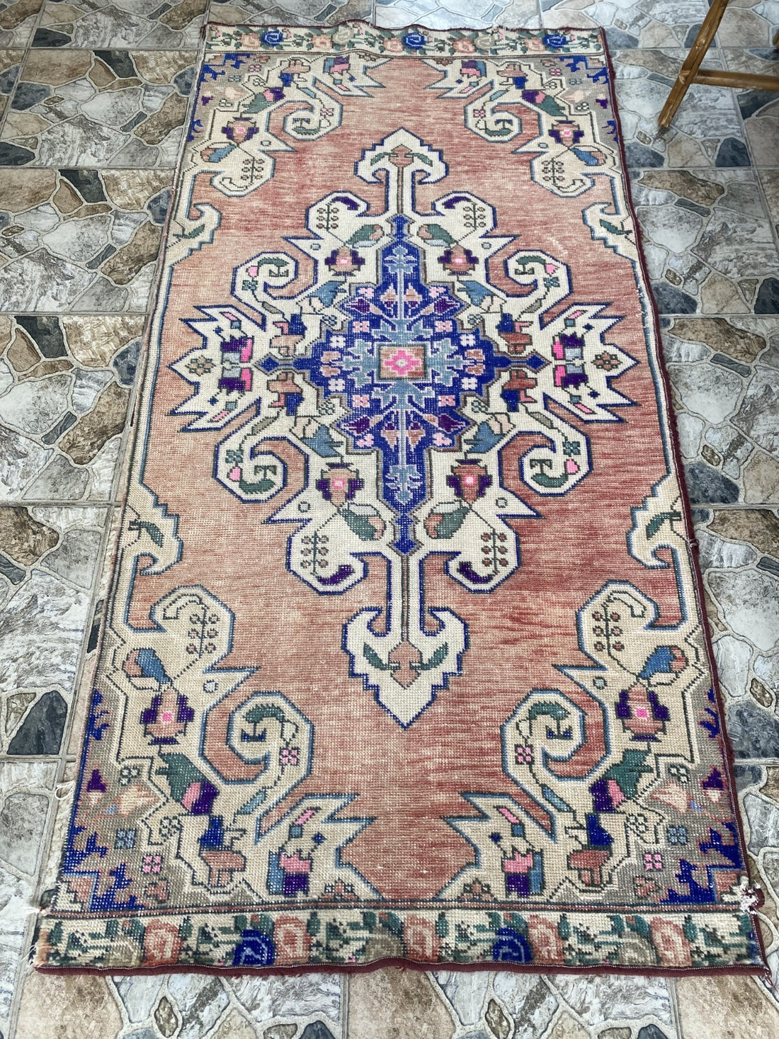 3x7 ft Vintage Turkish Area Rug Red Blue Oriental Anatolian Medallion Floral Rug