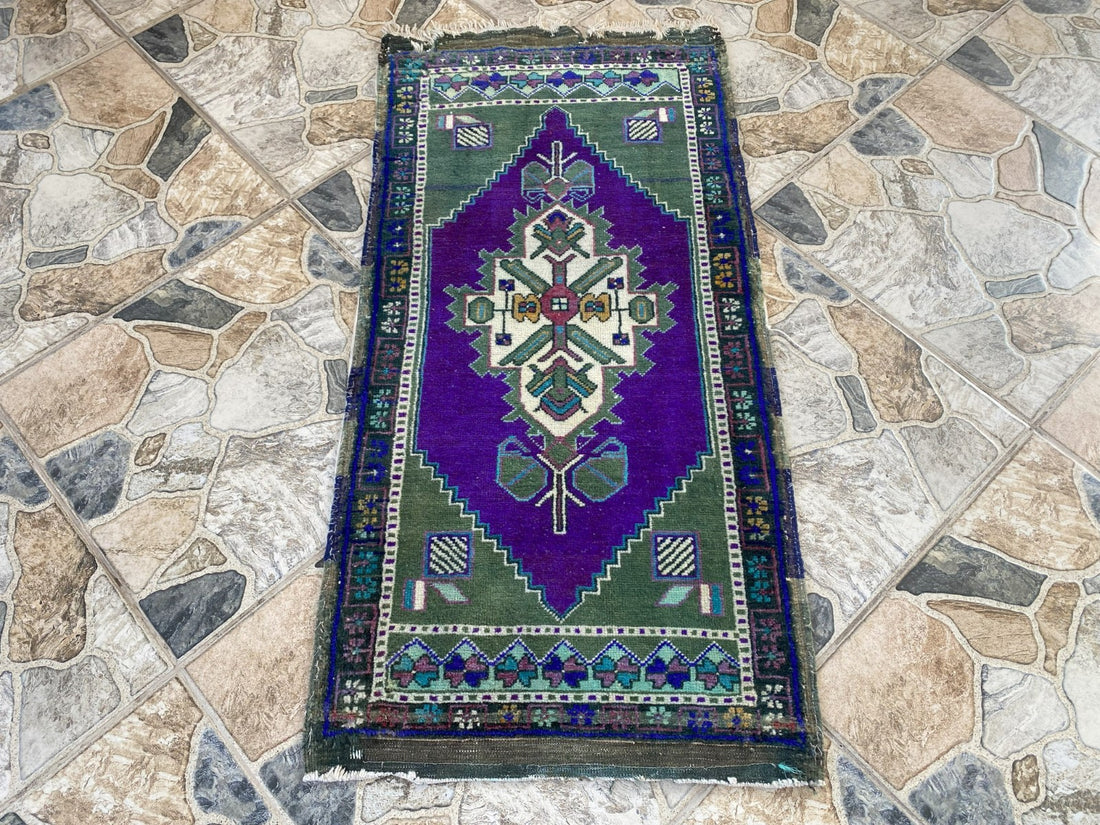 Handmade Vintage Anatolian Rug 1.7x3.3 Tribal Wool Turkish Small Purple Carpet