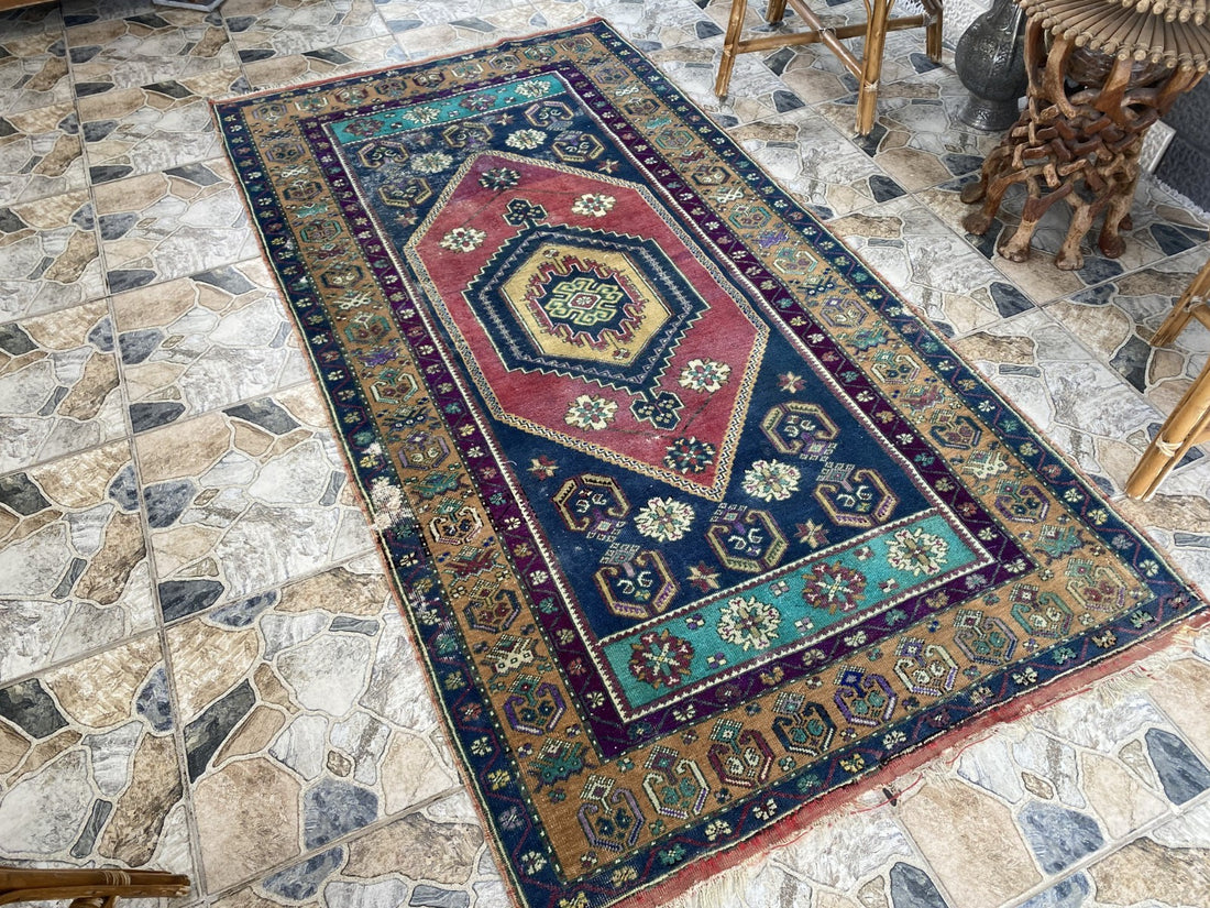 4x7 ft Vintage Turkish Rug, Geometric Pattern, Red Blue Oriental Tribal Area Rug