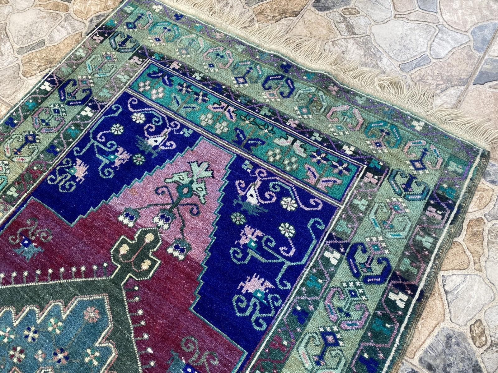 Vintage Handmade Turkish Rug Red Blue Medallion Anatolian Tribal Wool Rug 3x6 ft