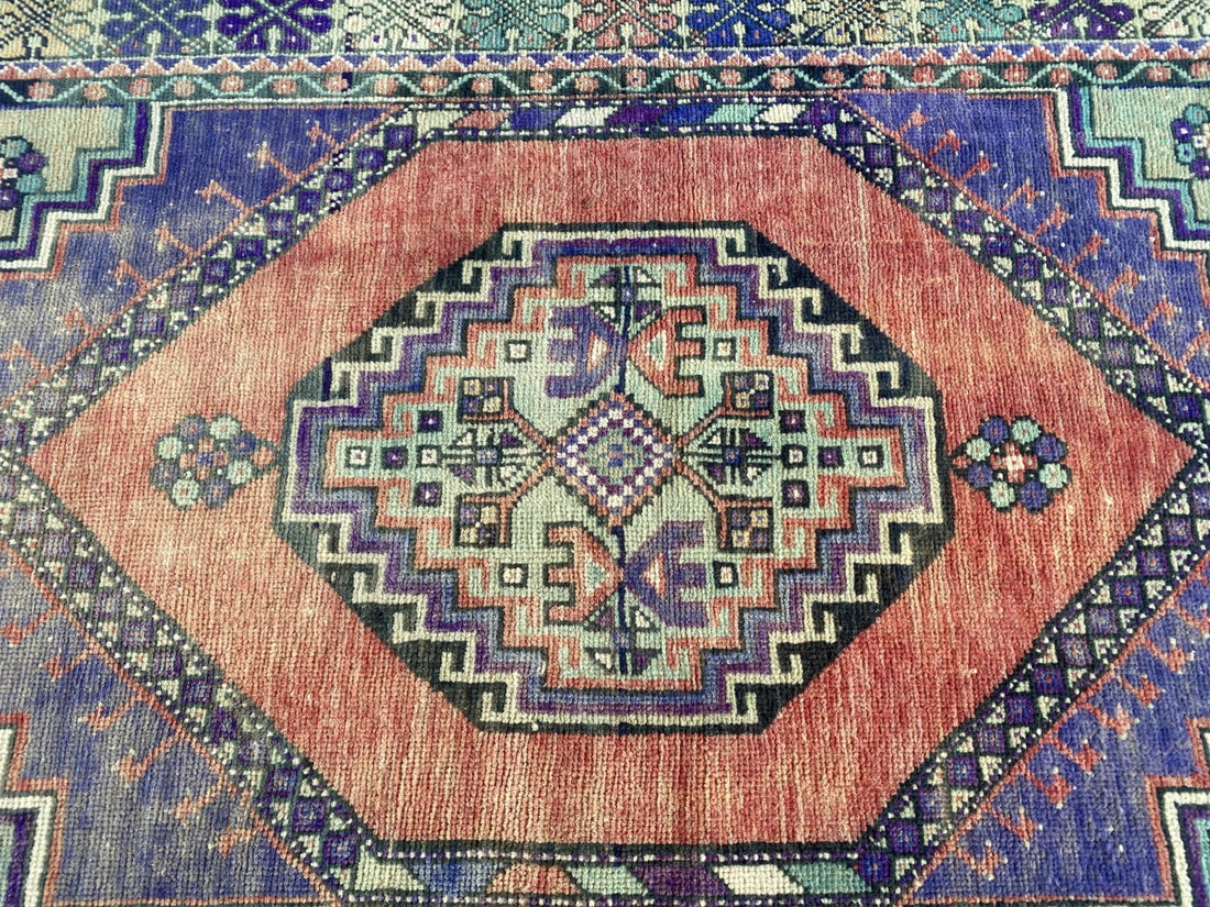 3x6 ft Vintage Turkish Rug Red Blue Farmhouse Oriental Medallion Tribal Area Rug