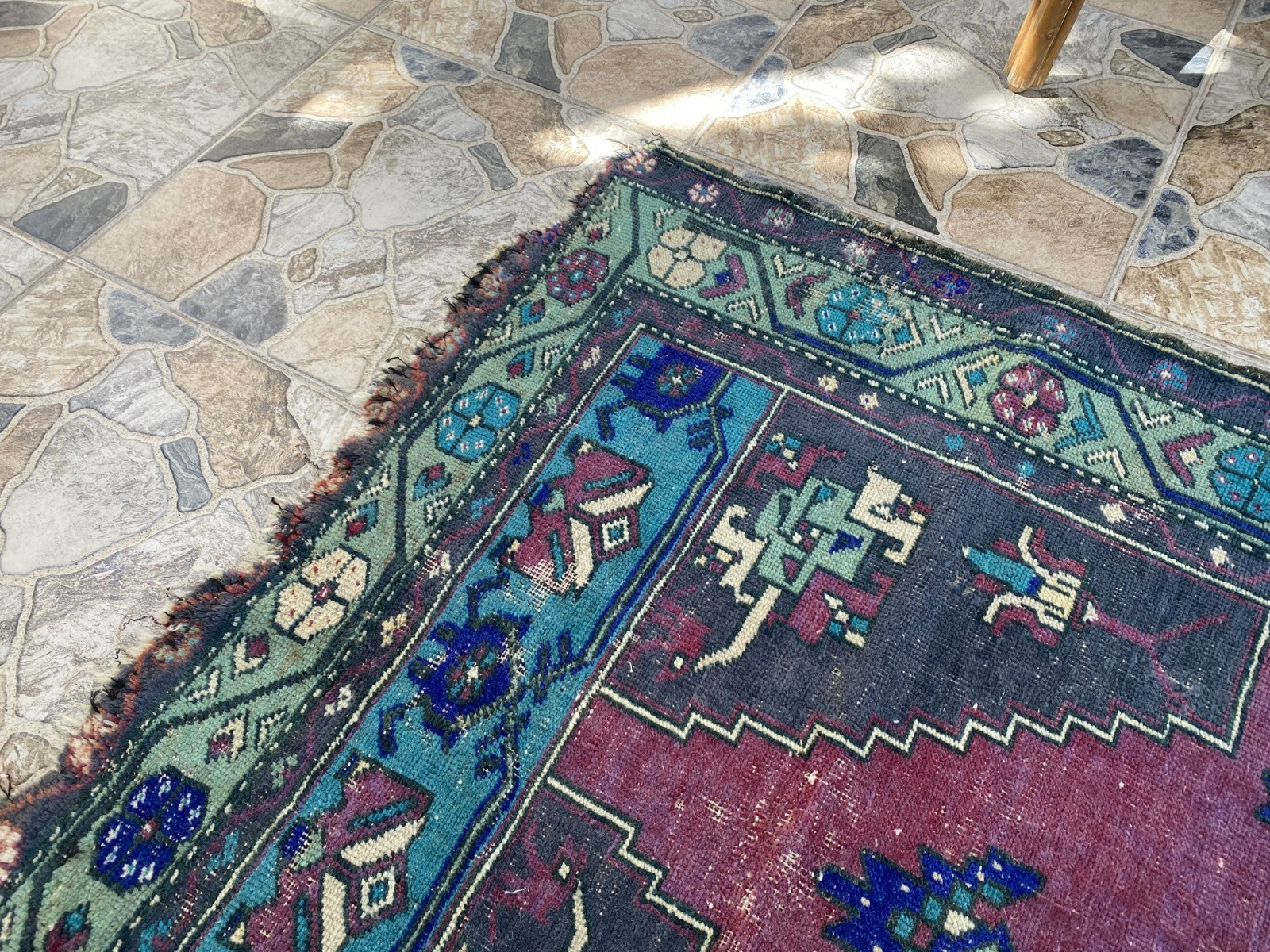 Turkish Vintage Rug, Geometric Area Farmhouse Anatolian Tribal Village Rug 3x7ft