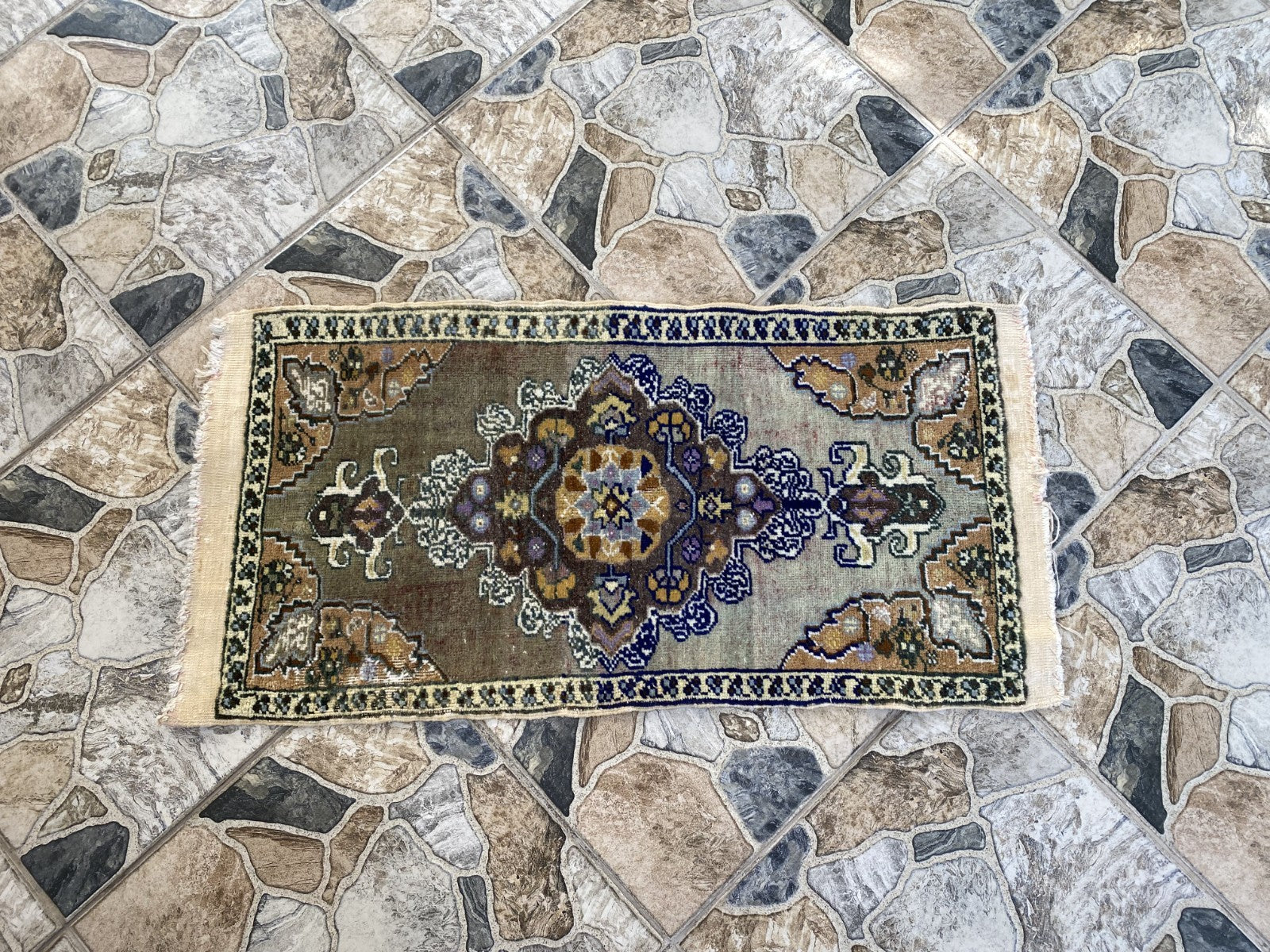 Faded Vintage Wool Rug | 1.5 x 2.9 ft Hand-Knotted Anatolian Small Medallion Rug