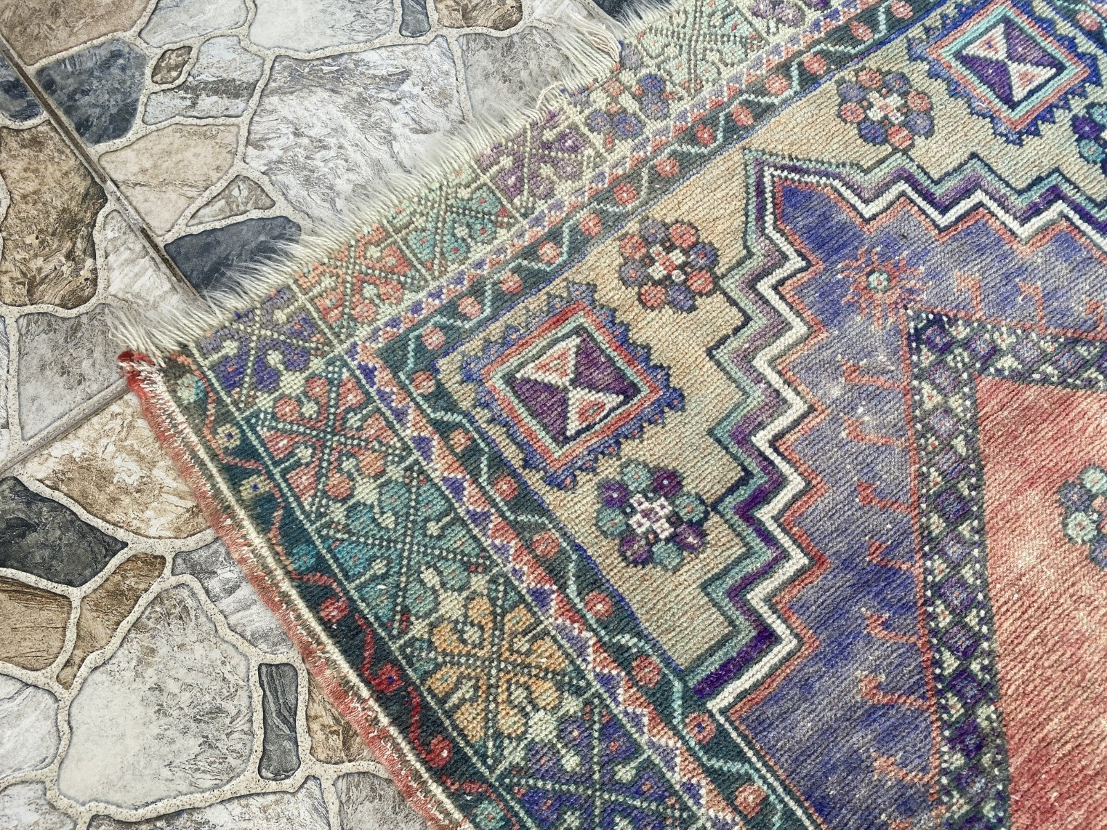 3x6 ft Vintage Turkish Rug Red Blue Farmhouse Oriental Medallion Tribal Area Rug