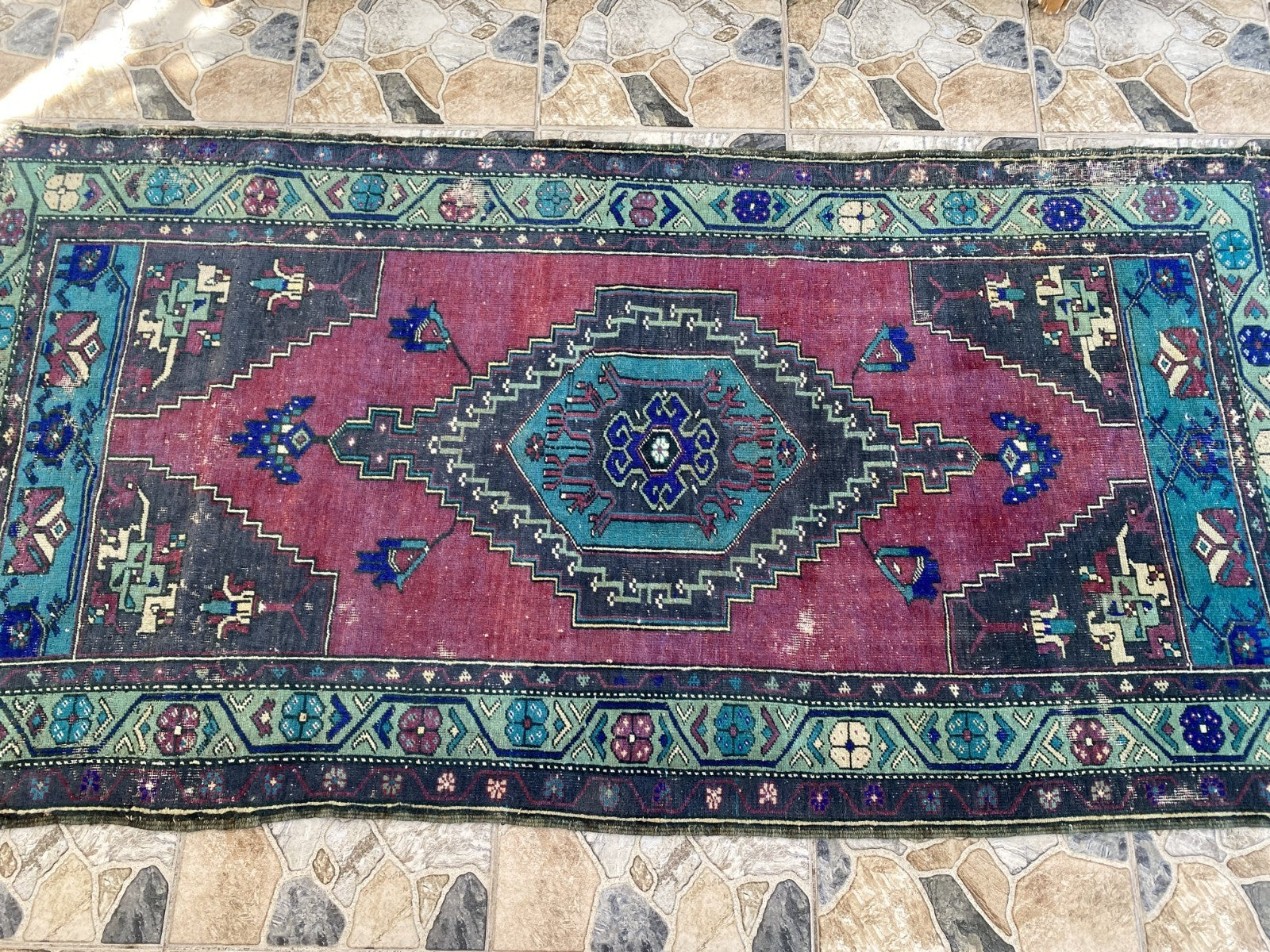 Turkish Vintage Rug, Geometric Area Farmhouse Anatolian Tribal Village Rug 3x7ft