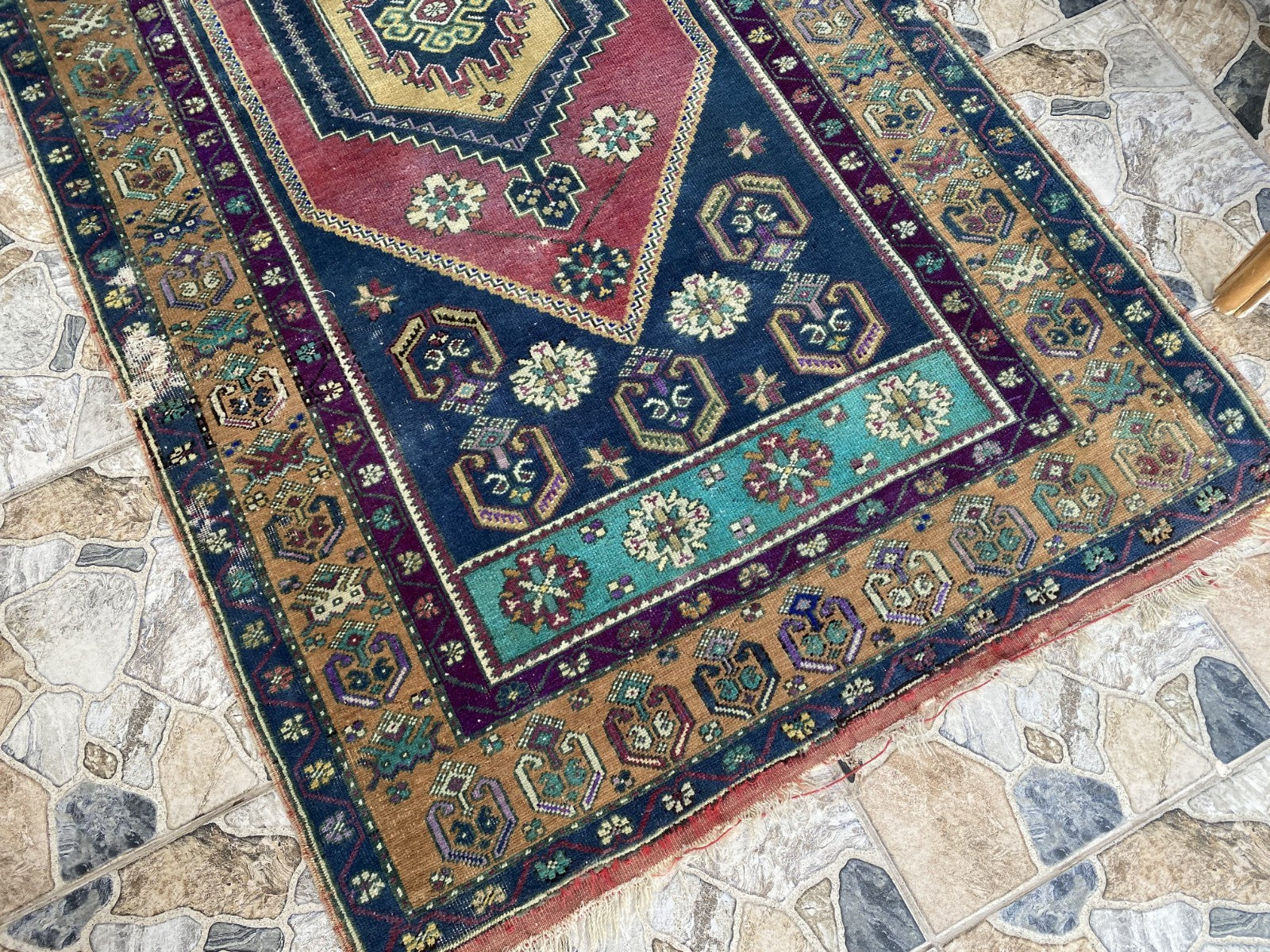 4x7 ft Vintage Turkish Rug, Geometric Pattern, Red Blue Oriental Tribal Area Rug