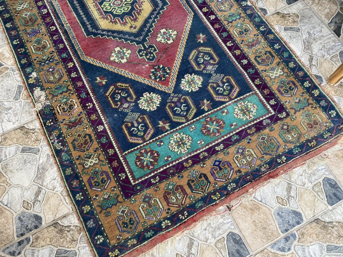 4x7 ft Vintage Turkish Rug, Geometric Pattern, Red Blue Oriental Tribal Area Rug