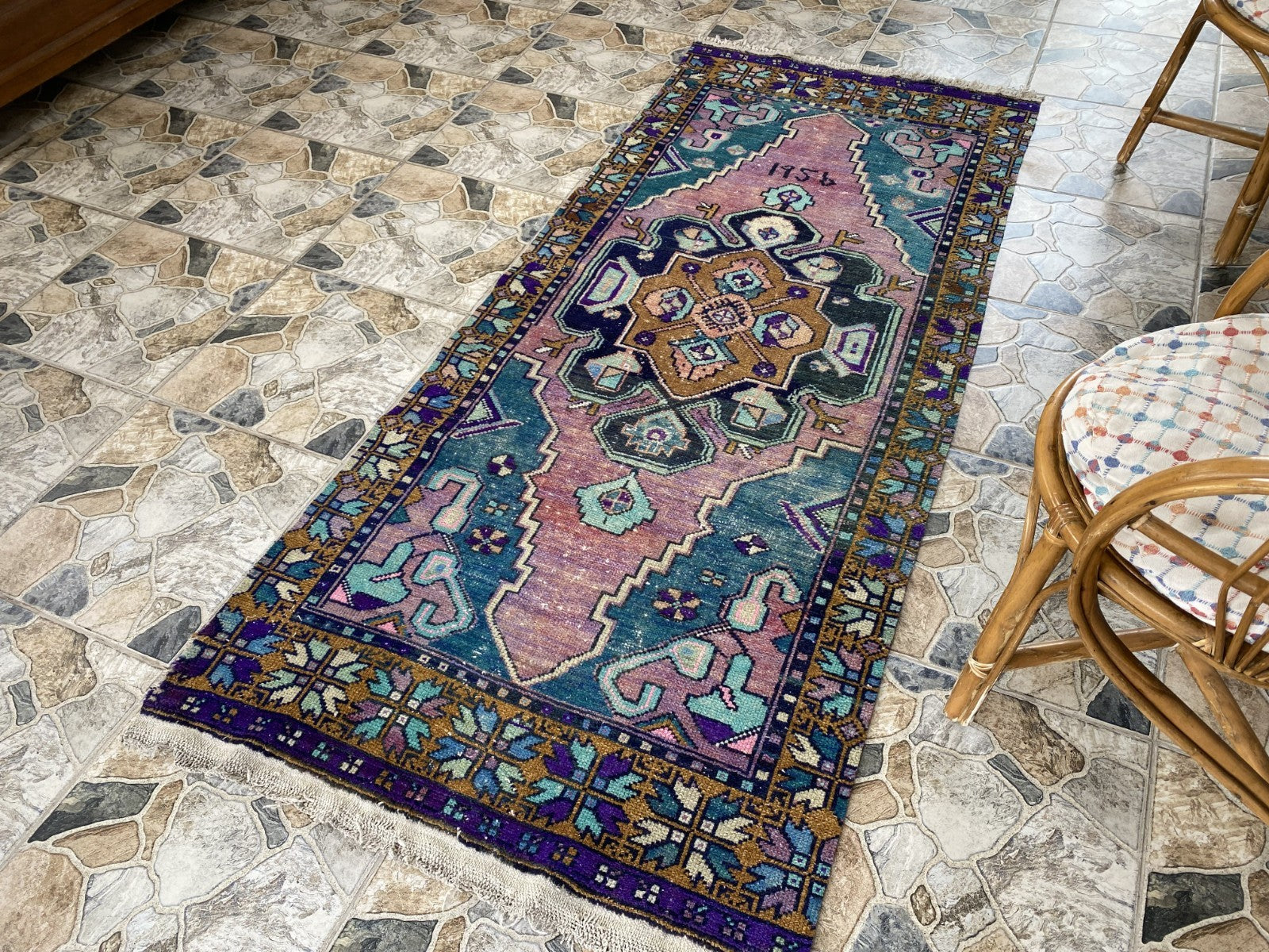 1950s Geometric Turkish Vintage Area, Tribal Handmade Anatolian Rug 3.3x7.5 ft