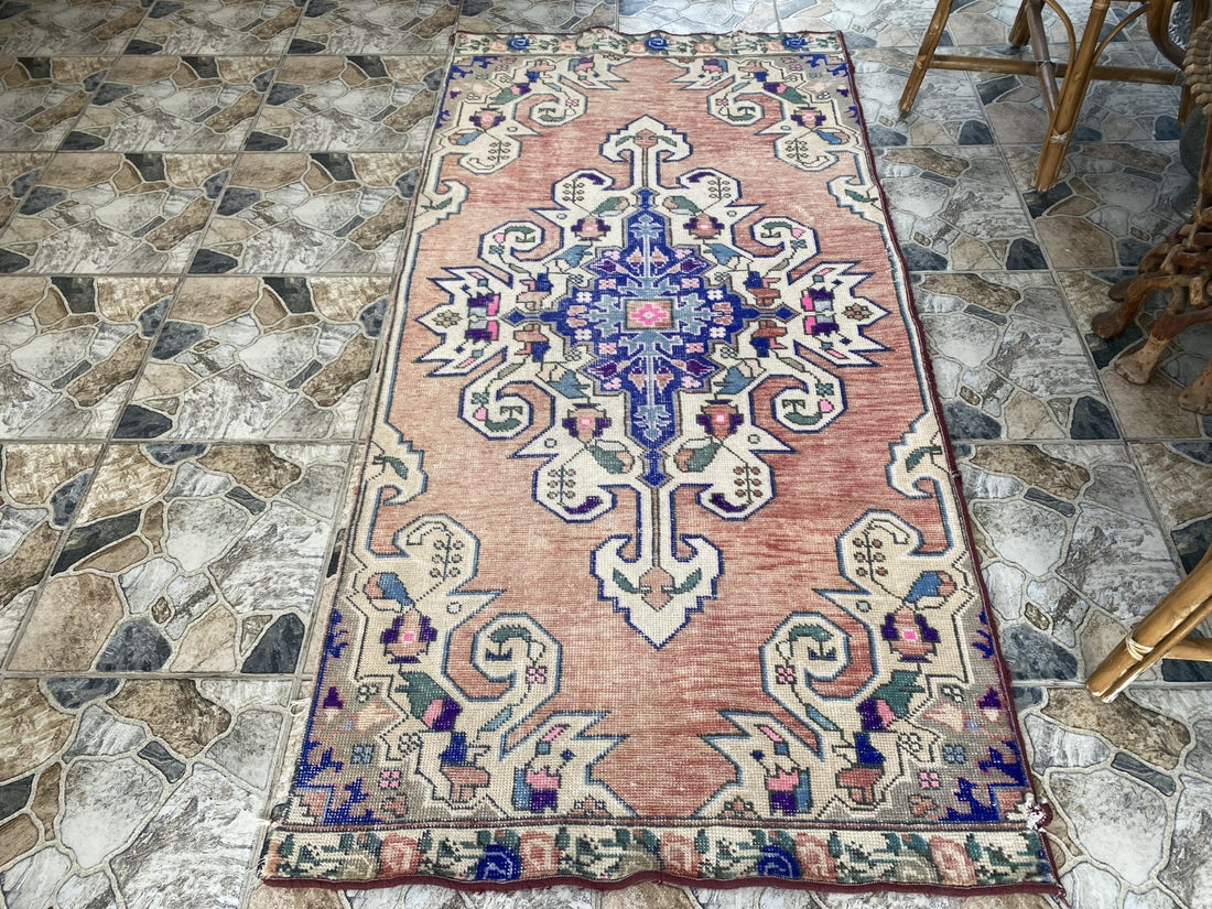 3x7 ft Vintage Turkish Area Rug Red Blue Oriental Anatolian Medallion Floral Rug