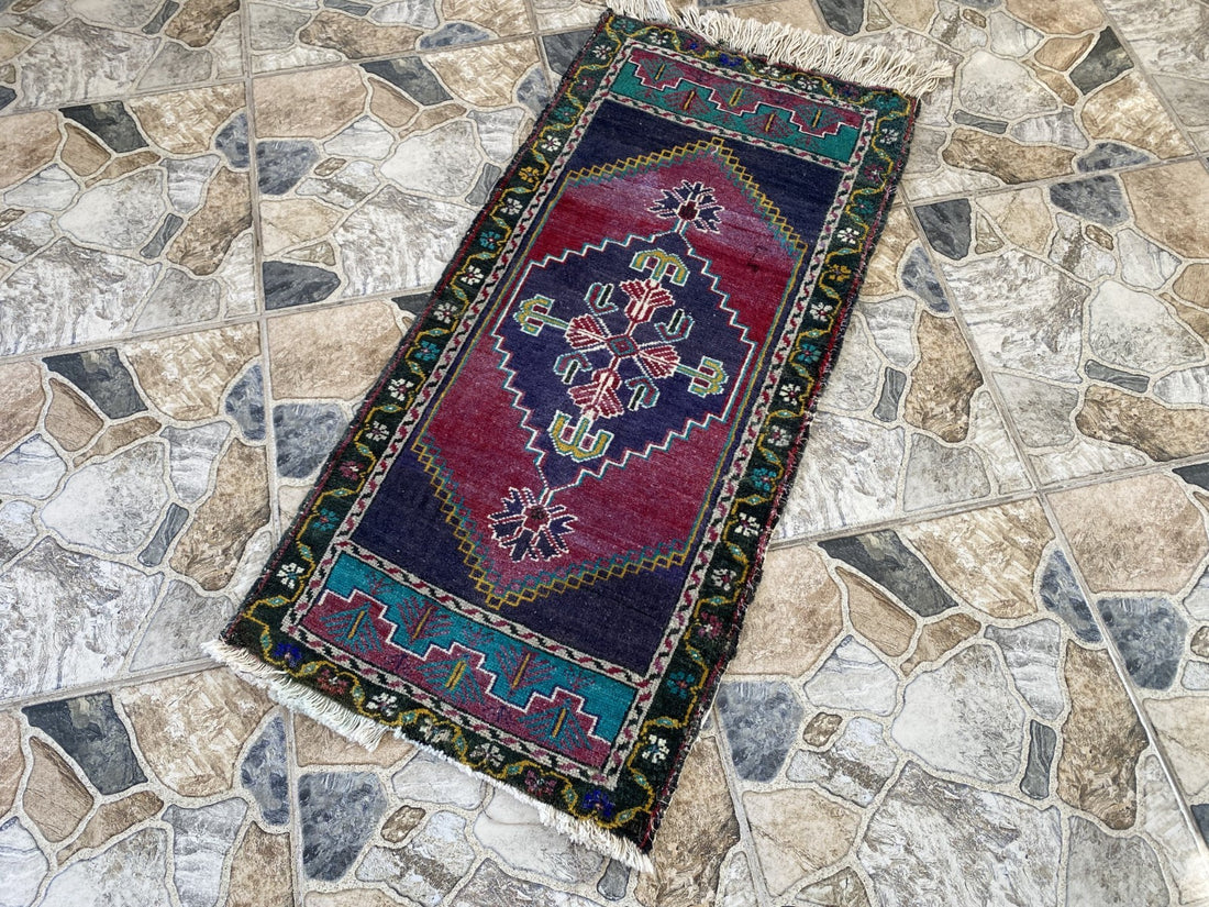 Vintage Turkish Rug 1.8x3.6 Hand Knotted Wool Anatolian Geometric Small Carpet