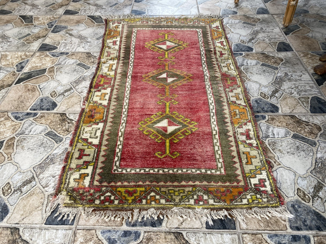 Vintage Anatolian Rug Hand-Knotted Wool Small Farmhouse Tribal Medallion 2x4 ft