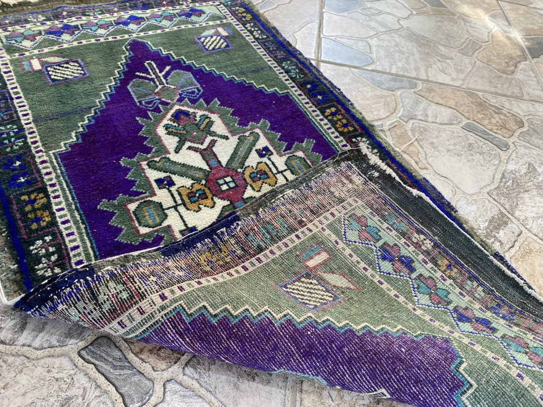 Handmade Vintage Anatolian Rug 1.7x3.3 Tribal Wool Turkish Small Purple Carpet