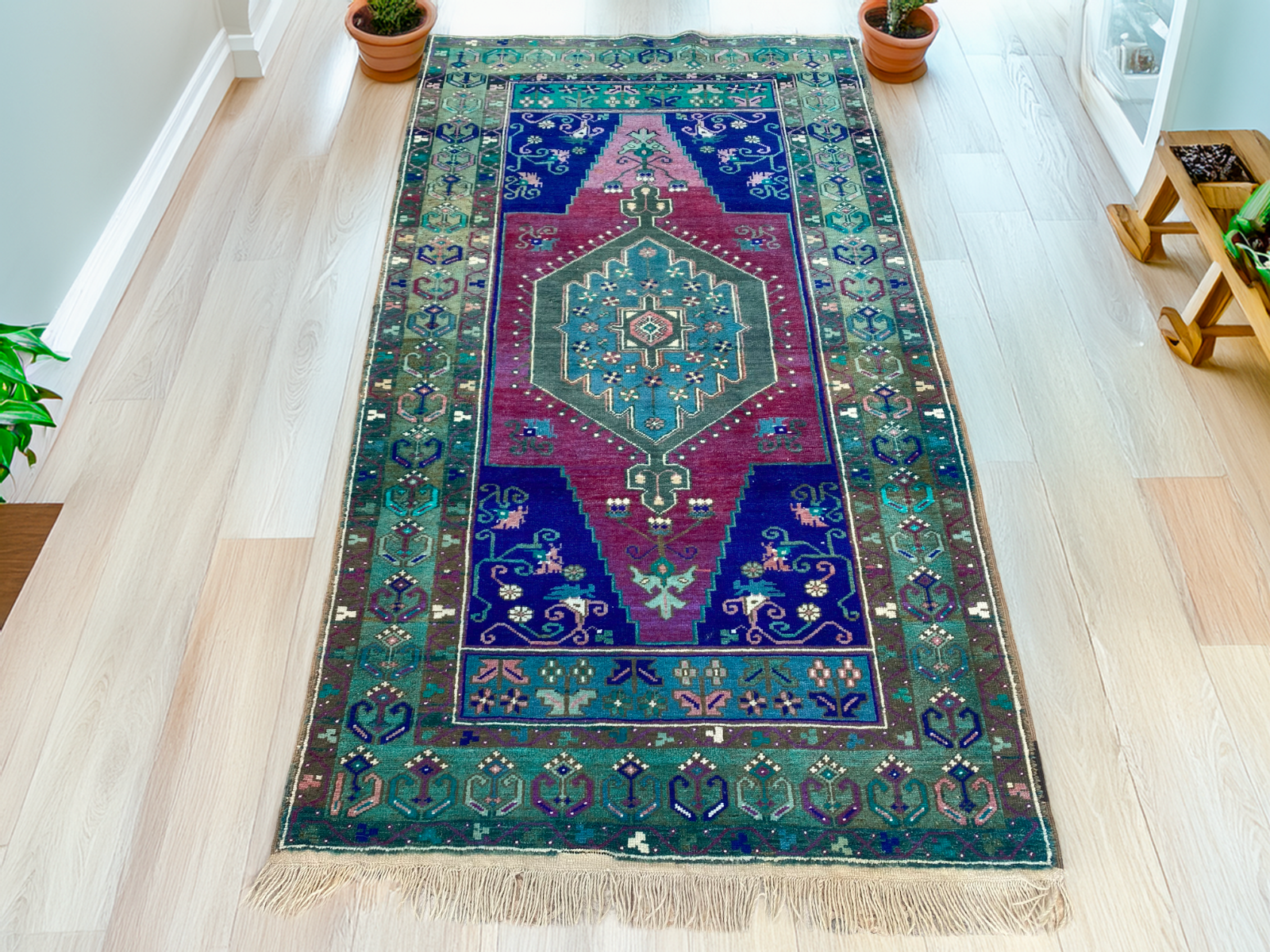 Vintage Handmade Turkish Rug Red Blue Medallion Anatolian Tribal Wool Rug 3x6 ft