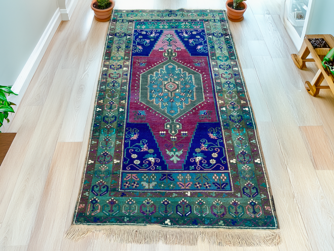 Vintage Handmade Turkish Rug Red Blue Medallion Anatolian Tribal Wool Rug 3x6 ft