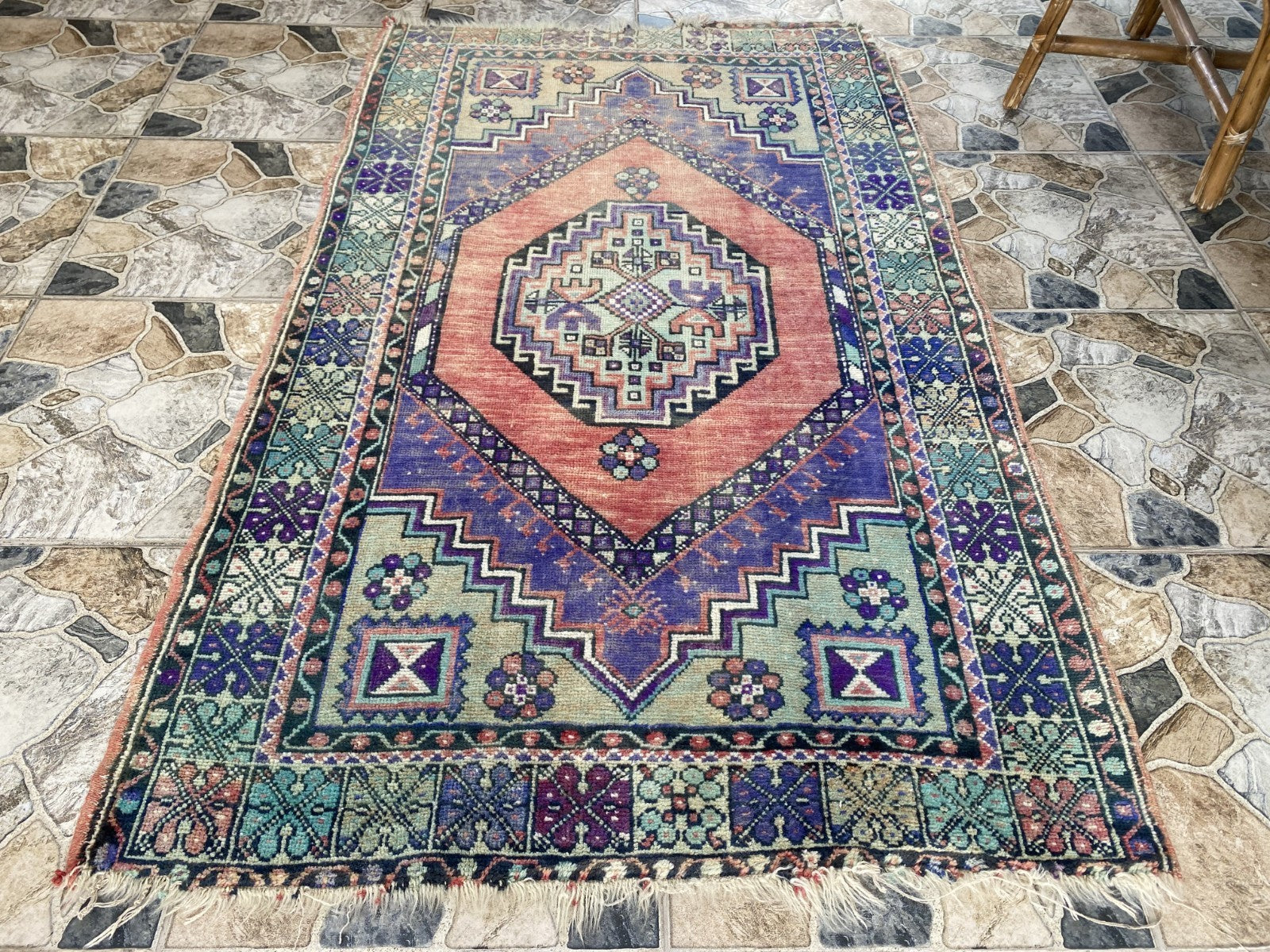 3x6 ft Vintage Turkish Rug Red Blue Farmhouse Oriental Medallion Tribal Area Rug