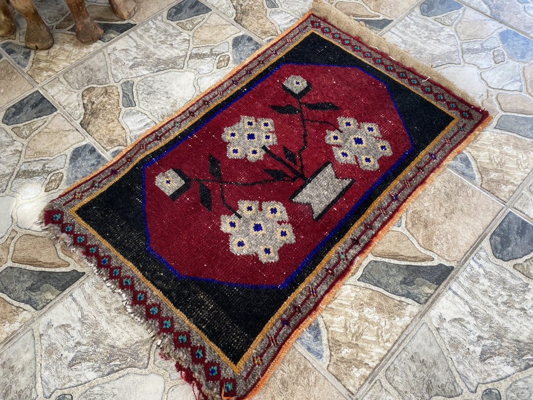 Vintage Turkish Accent Rug, Tribal Handmade Anatolian Small 1970s Red 1.7x2.6 ft