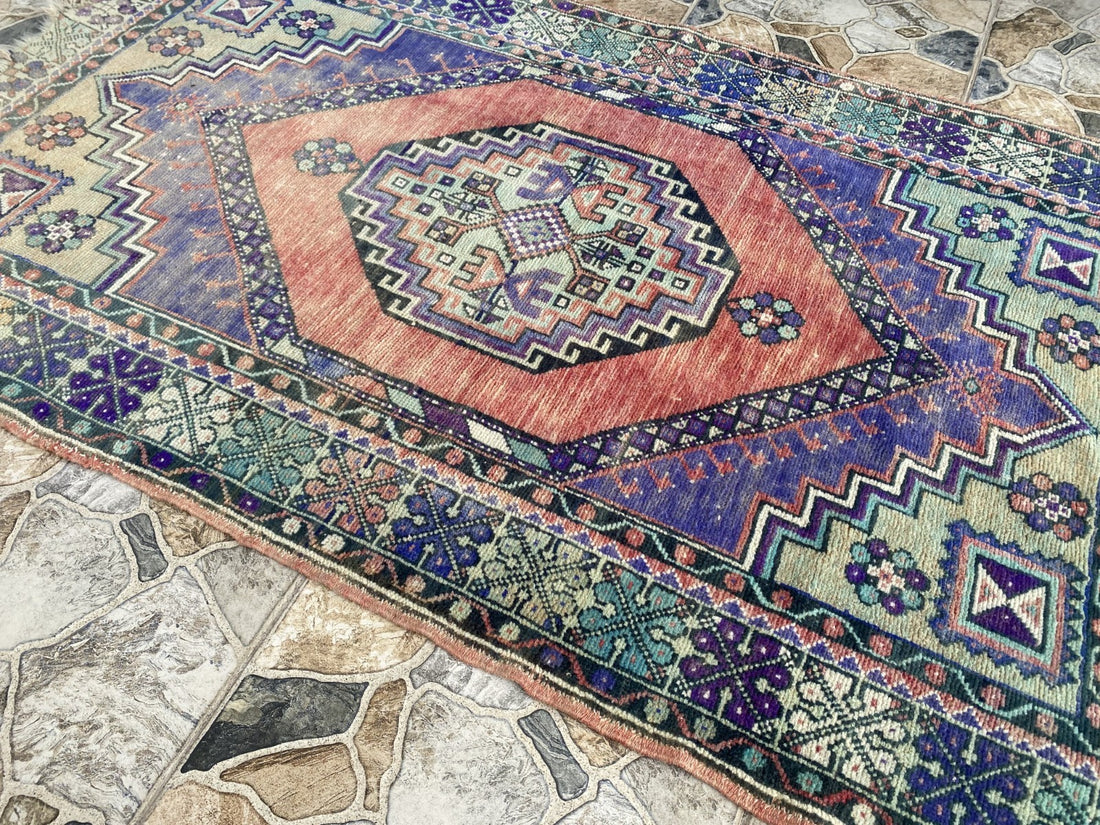 3x6 ft Vintage Turkish Rug Red Blue Farmhouse Oriental Medallion Tribal Area Rug