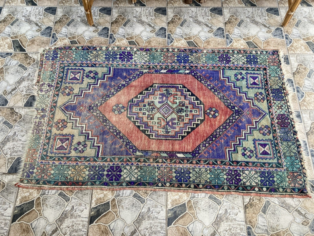 3x6 ft Vintage Turkish Rug Red Blue Farmhouse Oriental Medallion Tribal Area Rug