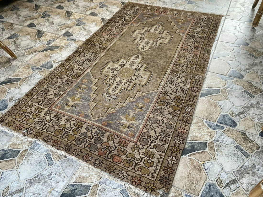 Vintage Turkish Wool Rug Hand-Knotted Antique Geometric Oushak Tribal Area 3x6