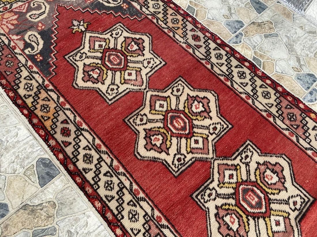 Vintage Turkish Rug | Tribal Handmade Wool Farmhouse Antique Runner 3.2ftx9.2 ft