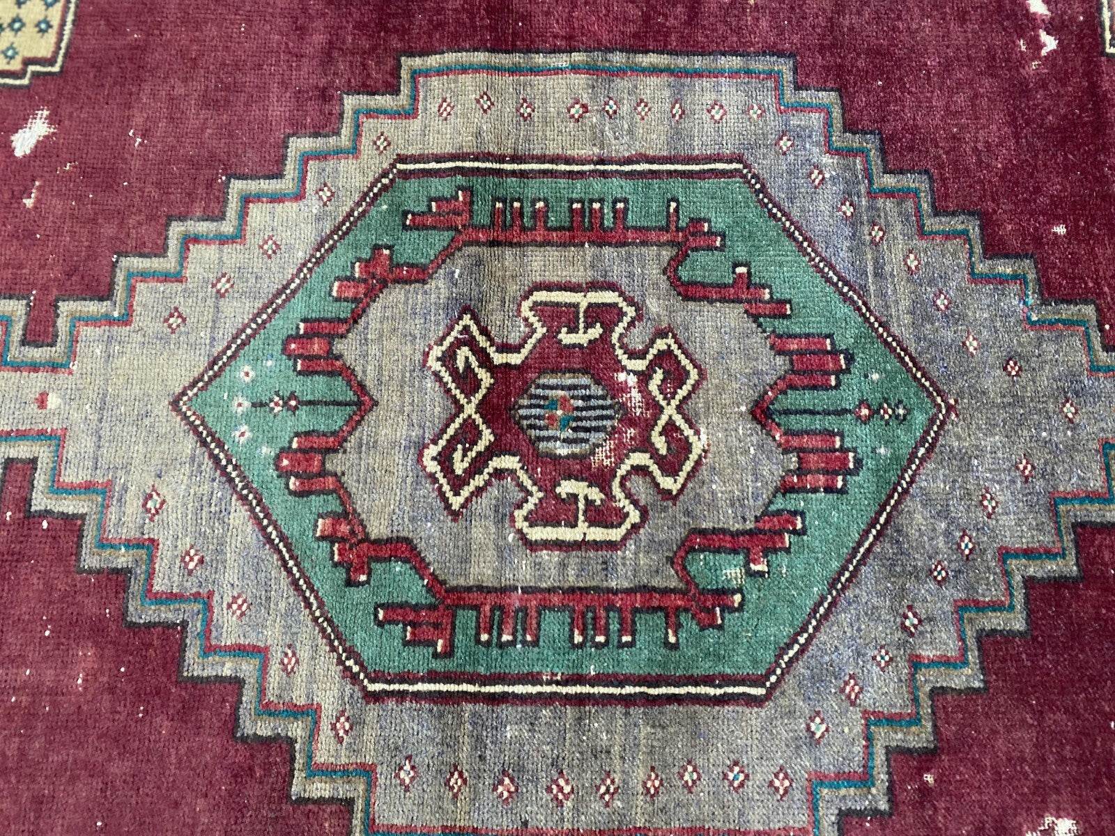 Vintage Turkish Rug | Burgundy Handmade Wool Geometric Antique Anatolian 3.2x7.7