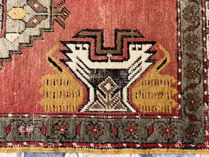 Turkish Vintage Small Oushak Rug, Wool Farmhouse Handmade Geometric Rug, 1.7x3.4