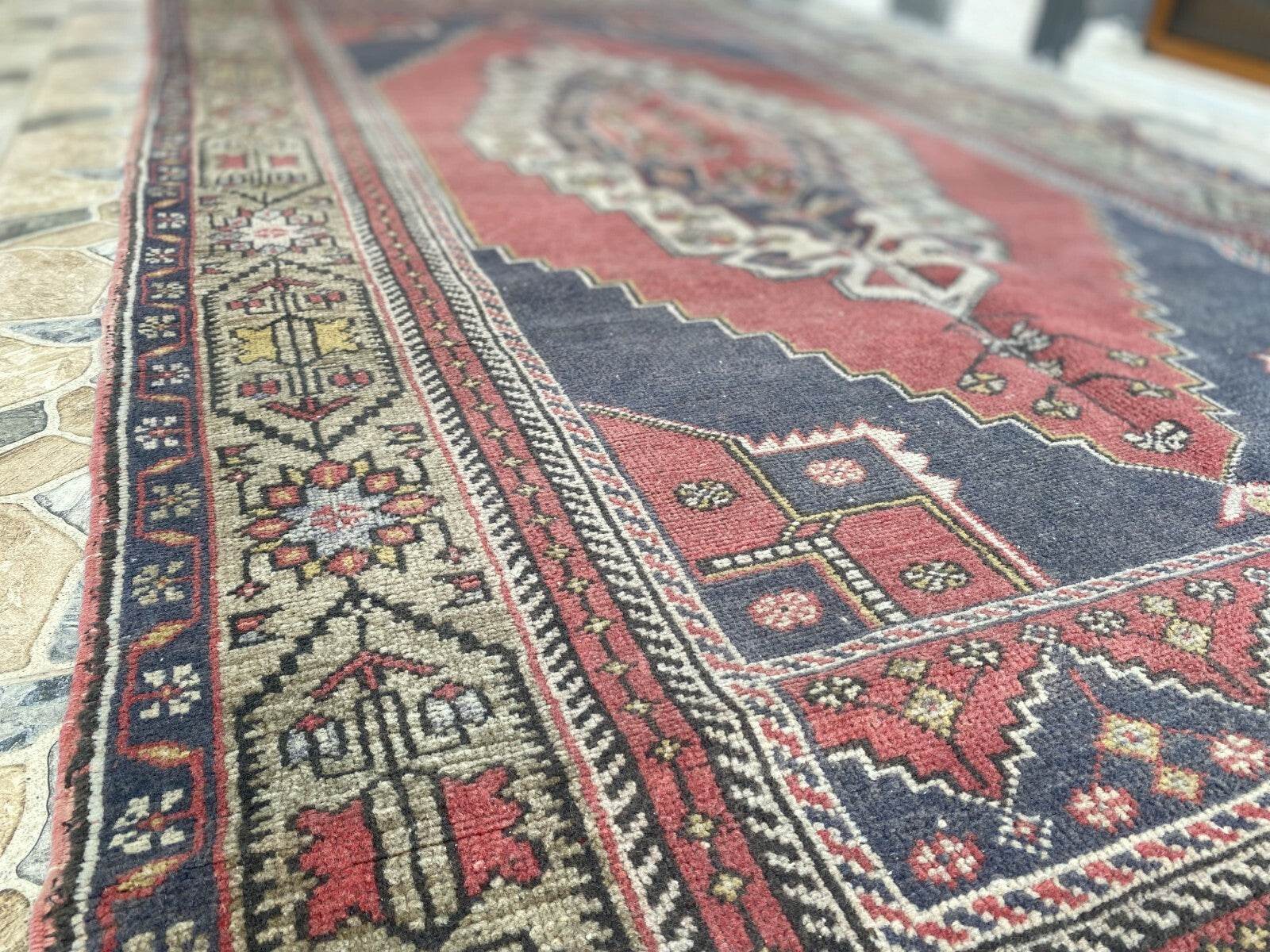 Vintage Turkish Oushak Rug, 5.0x9.7 ft Red Handmade Wool Antique Tribal Area Rug