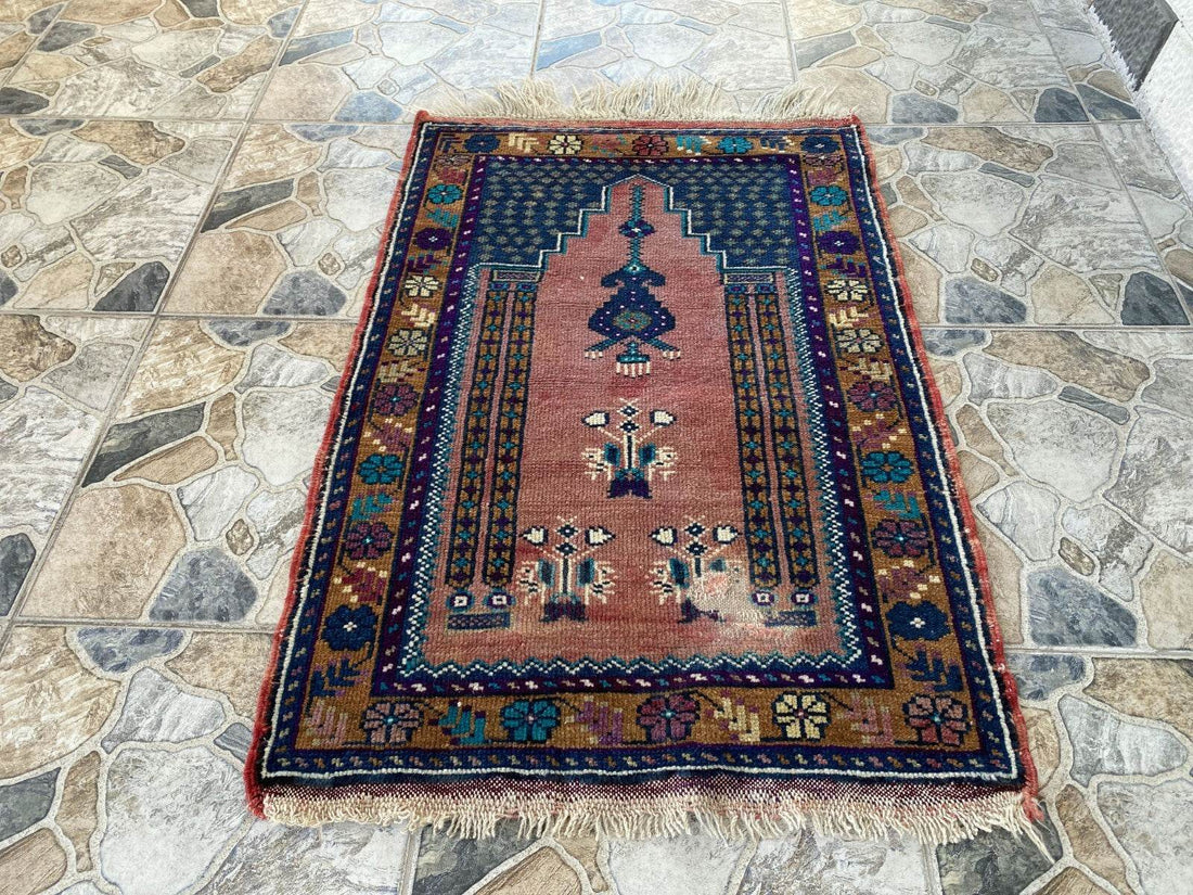 Vintage Turkish Oushak Rug, 2 x 3 ft Pink Handmade Wool Antique Tribal Small Rug