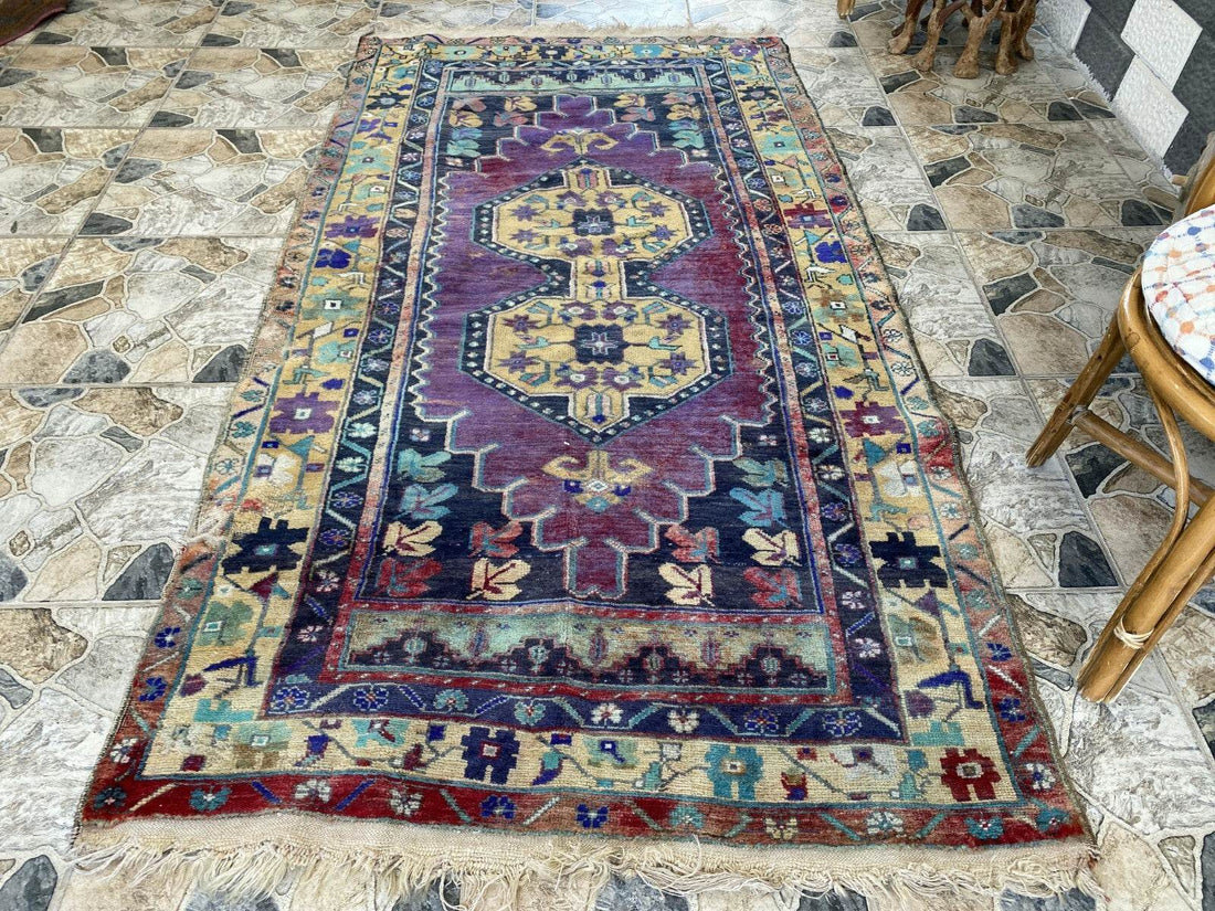 Vintage Turkish Anatolian Rug | 3.9 x 7.1 ft | Hand-Knotted Rug Wool Area Carpet