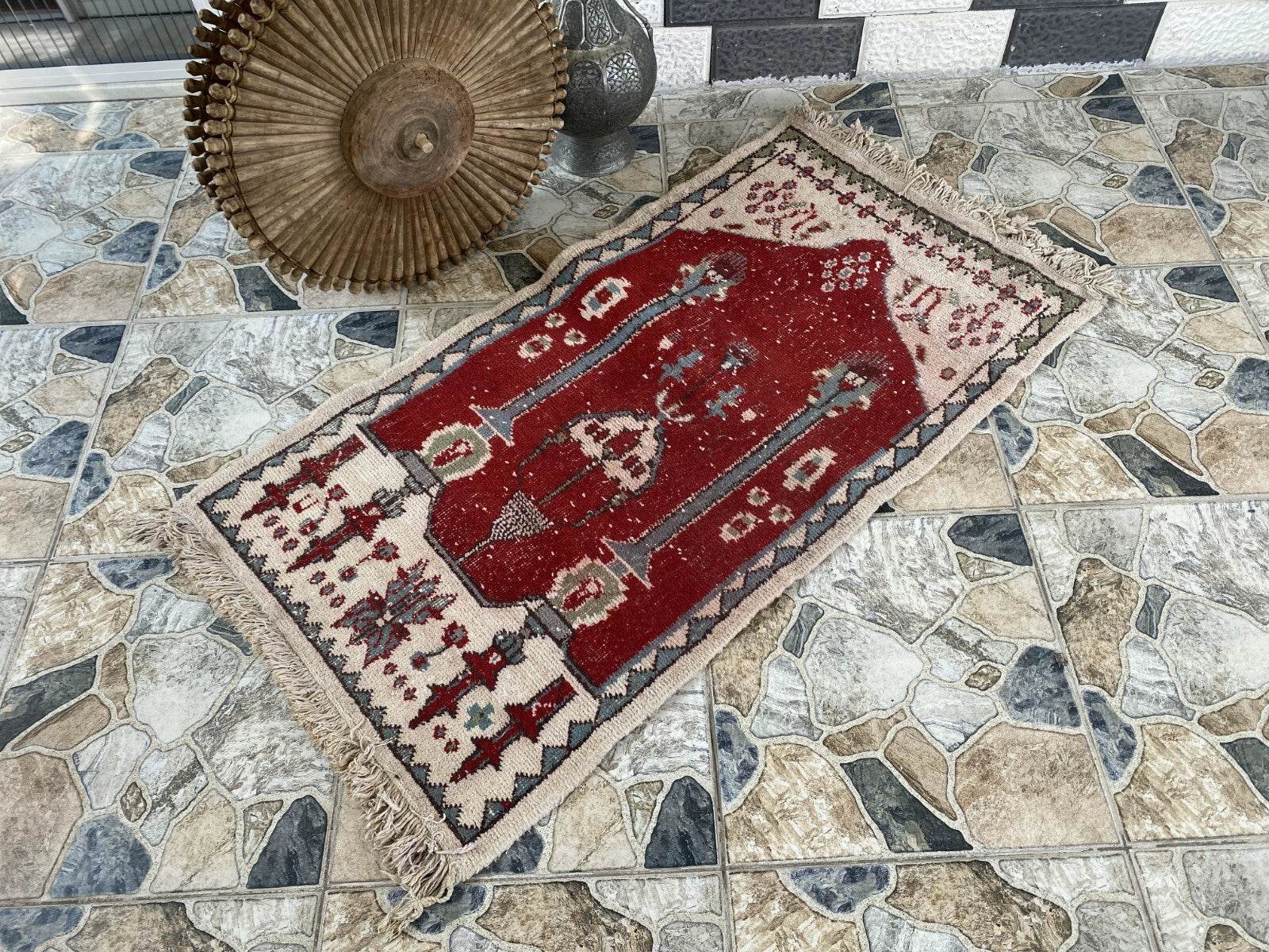 Vintage Turkish Small Prayer Rug | 2.26 x 4.10 ft | 1970s Hand-Knotted Wool Rug