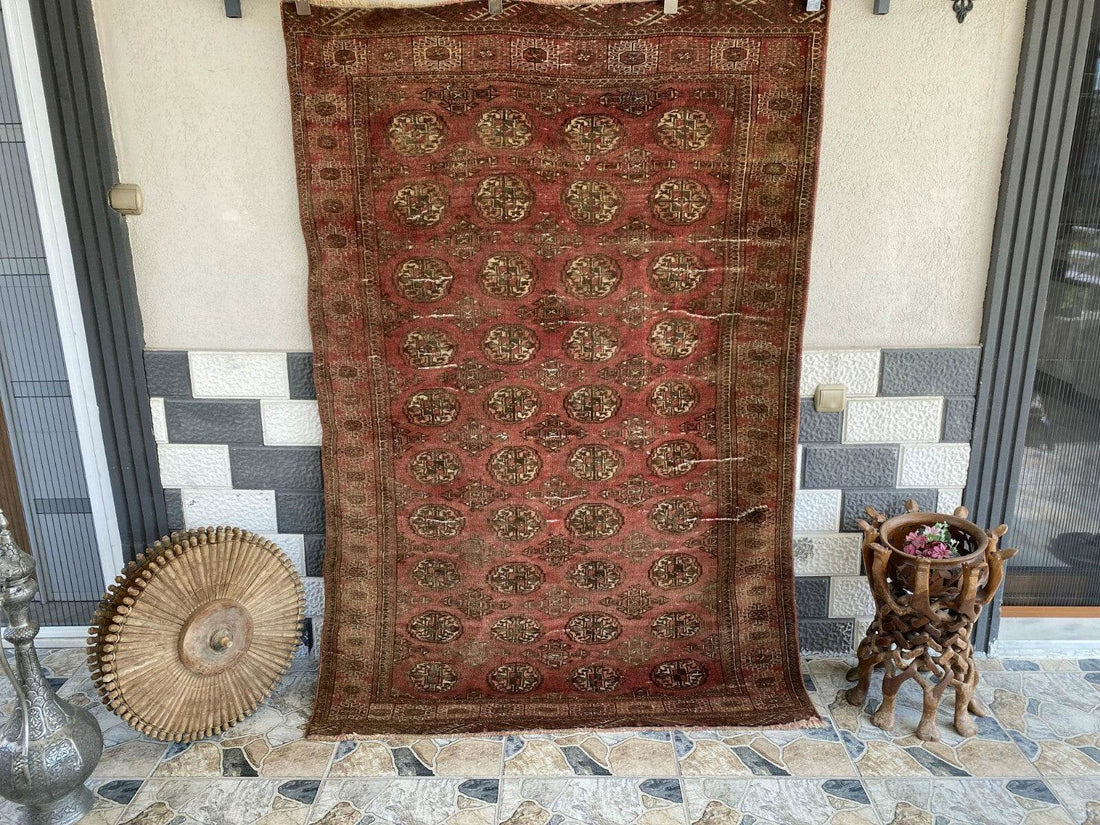 VINTAGE RUG HAND-KNOTTED Afghan Style BUKHARA handmade wool RED antique farmhouse rug