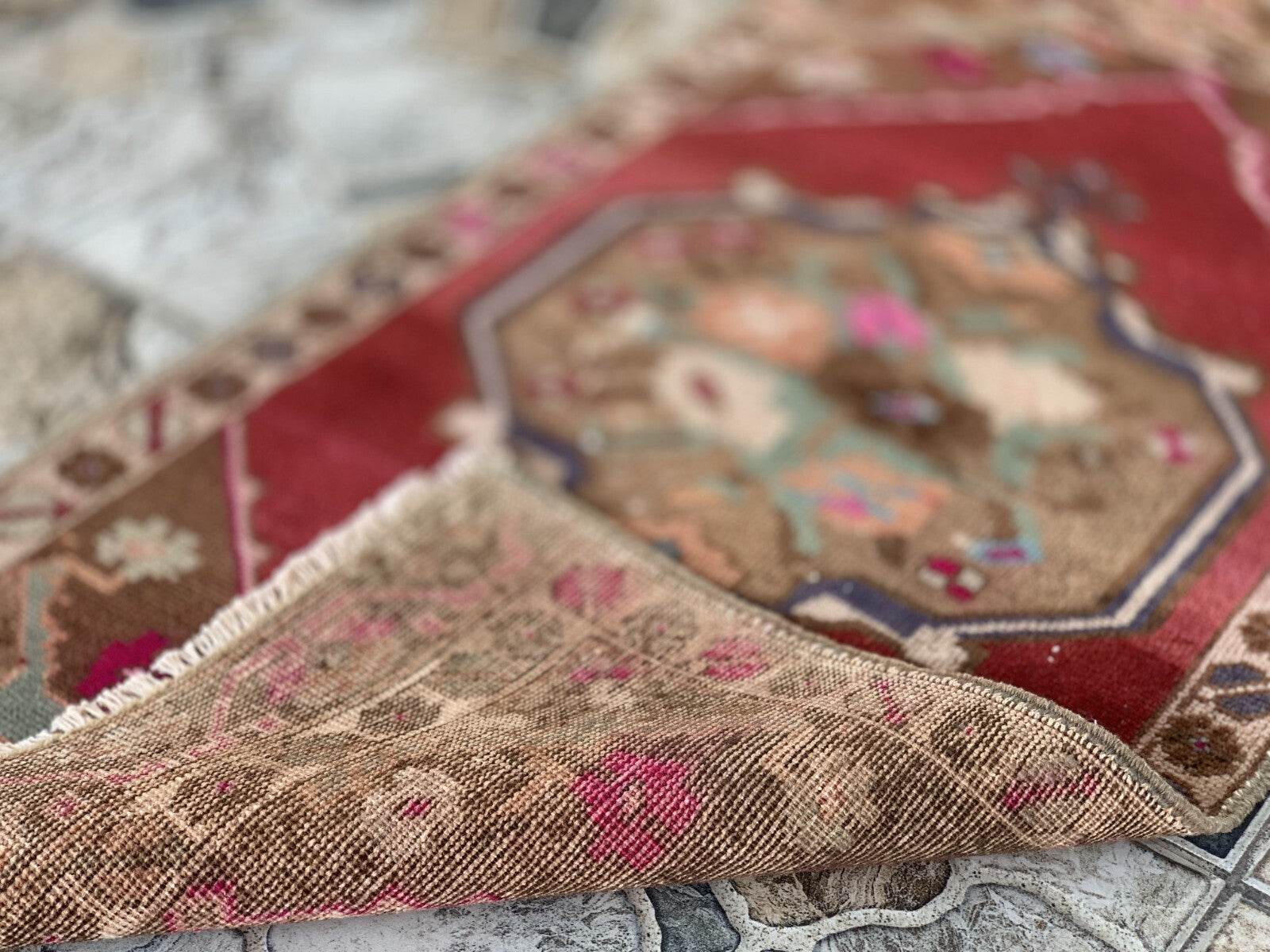 Vintage Turkish Oushak Rug, Geometric Farmhouse Antique Anatolian Rug 1.8x3.4ft