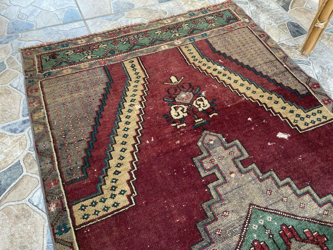 Vintage Turkish Rug | Burgundy Handmade Wool Geometric Antique Anatolian 3.2x7.7