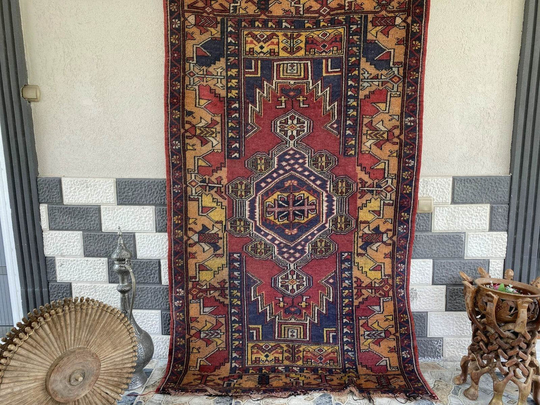 Vintage Turkish Anatolian Rug | 4 x 6.6 ft | Handknotted Geometric Wool Carpet