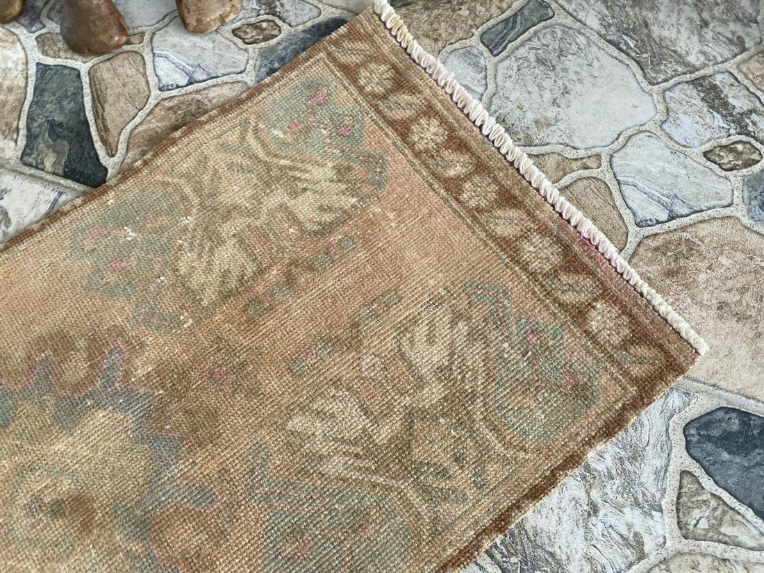 Distressed Vintage Turkish Rug Faded Pastel Wool Boho Accent Mat Runner 1x3 ft