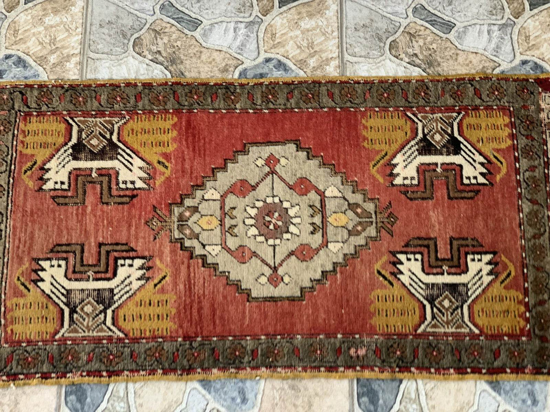 Turkish Vintage Small Oushak Rug, Wool Farmhouse Handmade Geometric Rug, 1.7x3.4