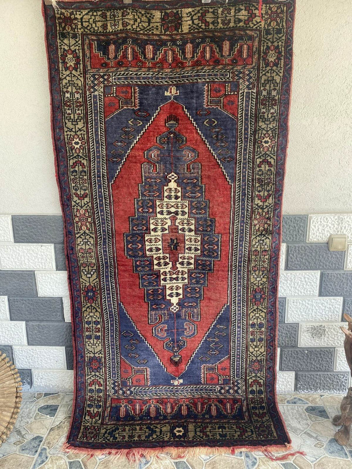 Vintage Turkish Oushak Rug 3x7 ft | Hand-Knotted Wool Anatolian Red Antique Rug