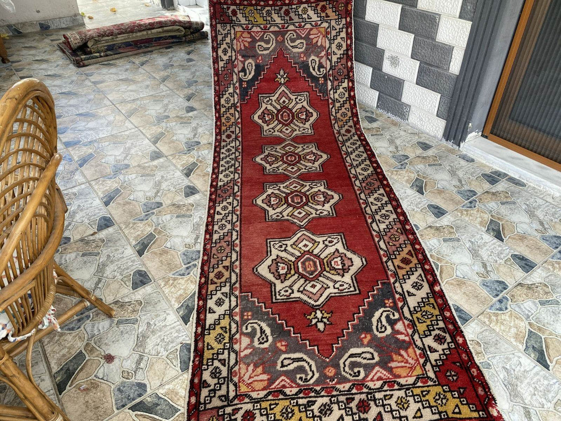 Vintage Turkish Rug | Tribal Handmade Wool Farmhouse Antique Runner 3.2ftx9.2 ft
