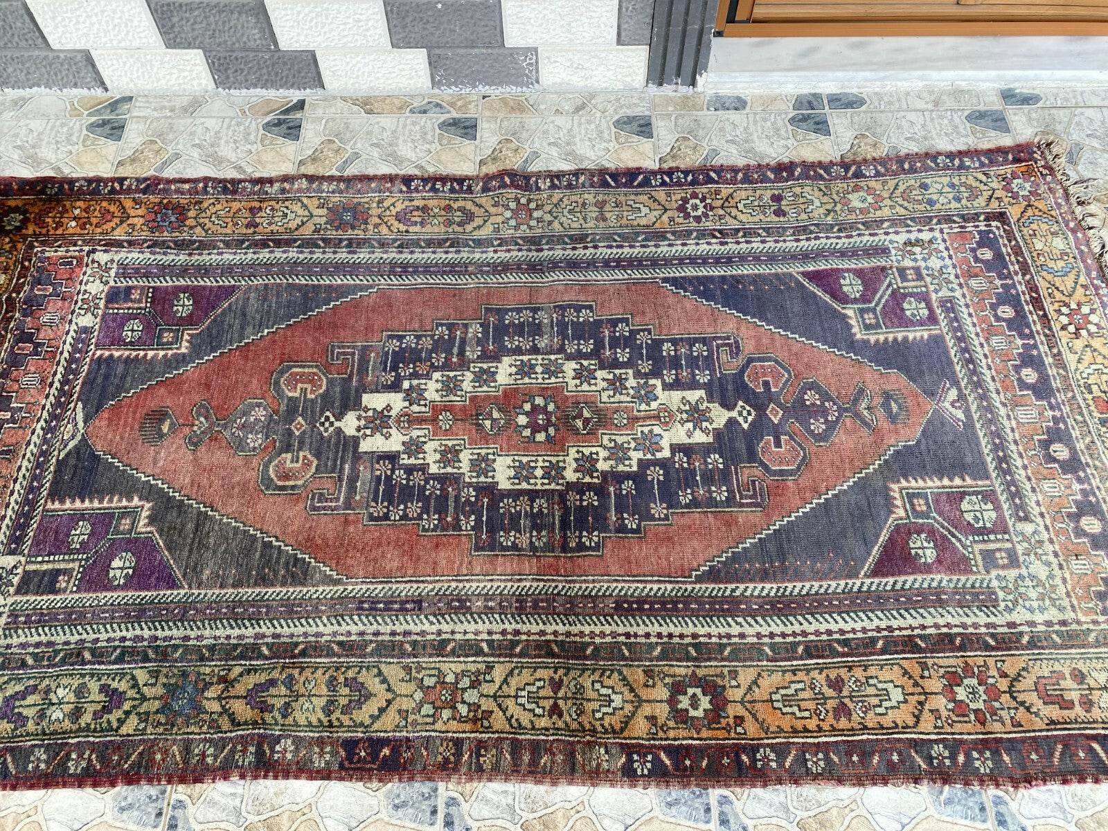 Vintage Turkish Wool Rug, Hand-Knotted Antique Geometric Oushak Area Rug 4x8 ft
