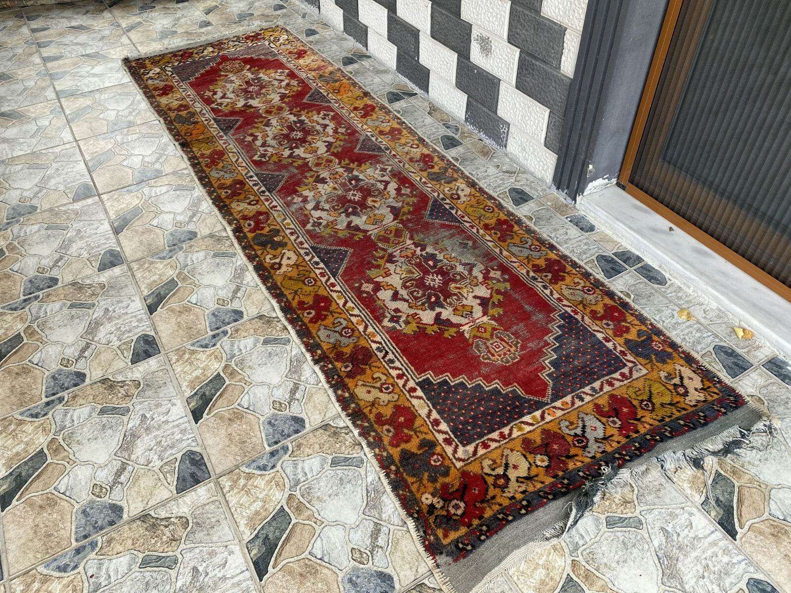 Vintage Turkish Wool Rug - Handmade Antique Red Oushak Kurdish Runner Rug 3x9 ft