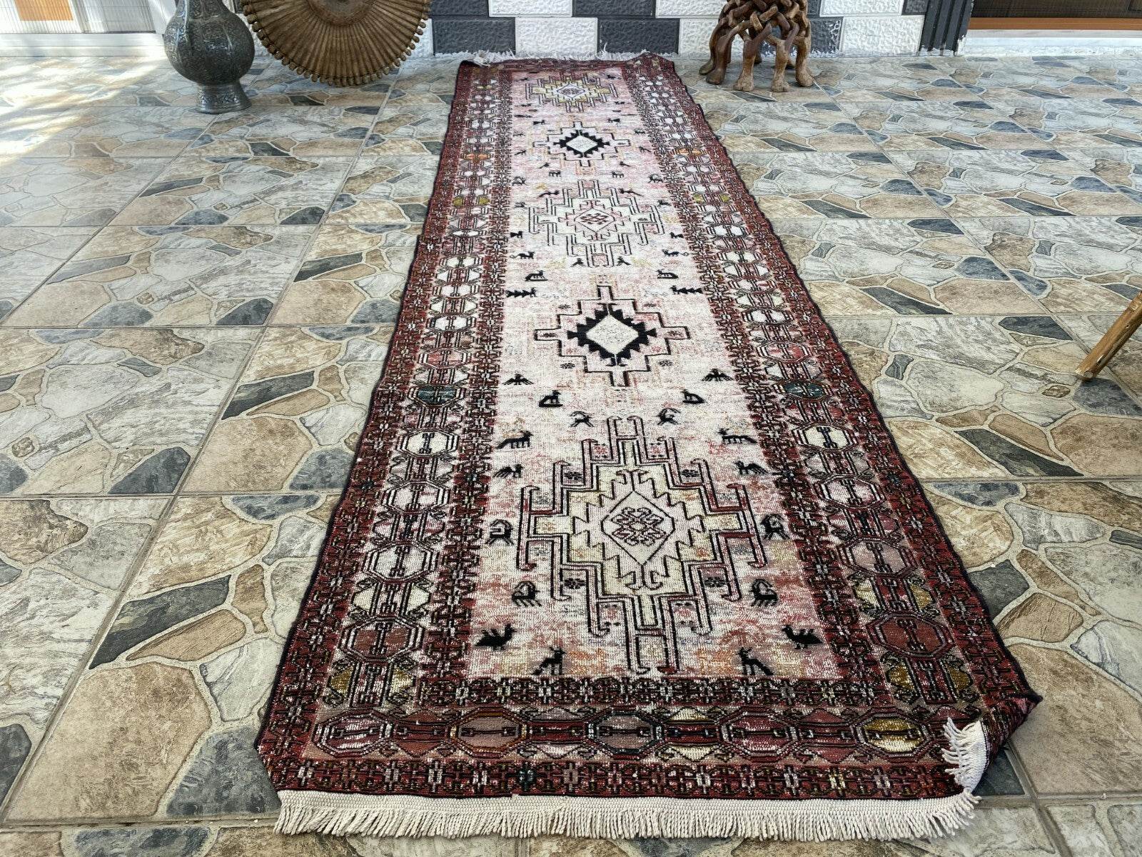 Vintage Persian Rug - 2.4x8.9 Brown Soumak Handmade Wool Antique Tribal Area Rug