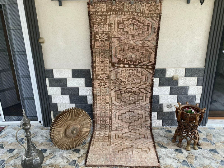 Vintage Kurdish Herki Rug | 1960s Brown Anatolian Hand-Knotted Wool Runner Rug